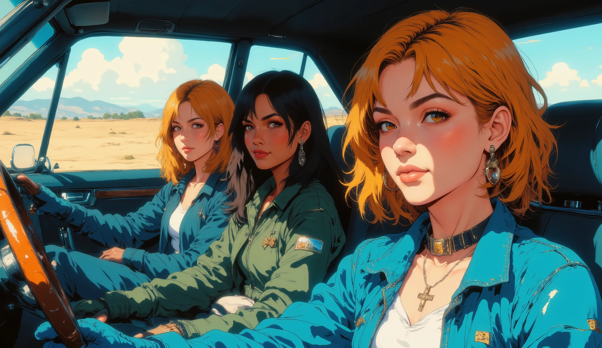 (( RAW photo), absurdo, ( absurd resolution)), masterpiece, envelopes , ( Extremely detailed 8k unit CG wallpaper), ( best illustration), ( Best Tone ), realistic lighting , detailed and beautiful glitter, (( 20 years)), blue jacket , collar with a cross , 3 jóvenes mujeres en un cadillac, en la carretera, cabello dorado, atardecer