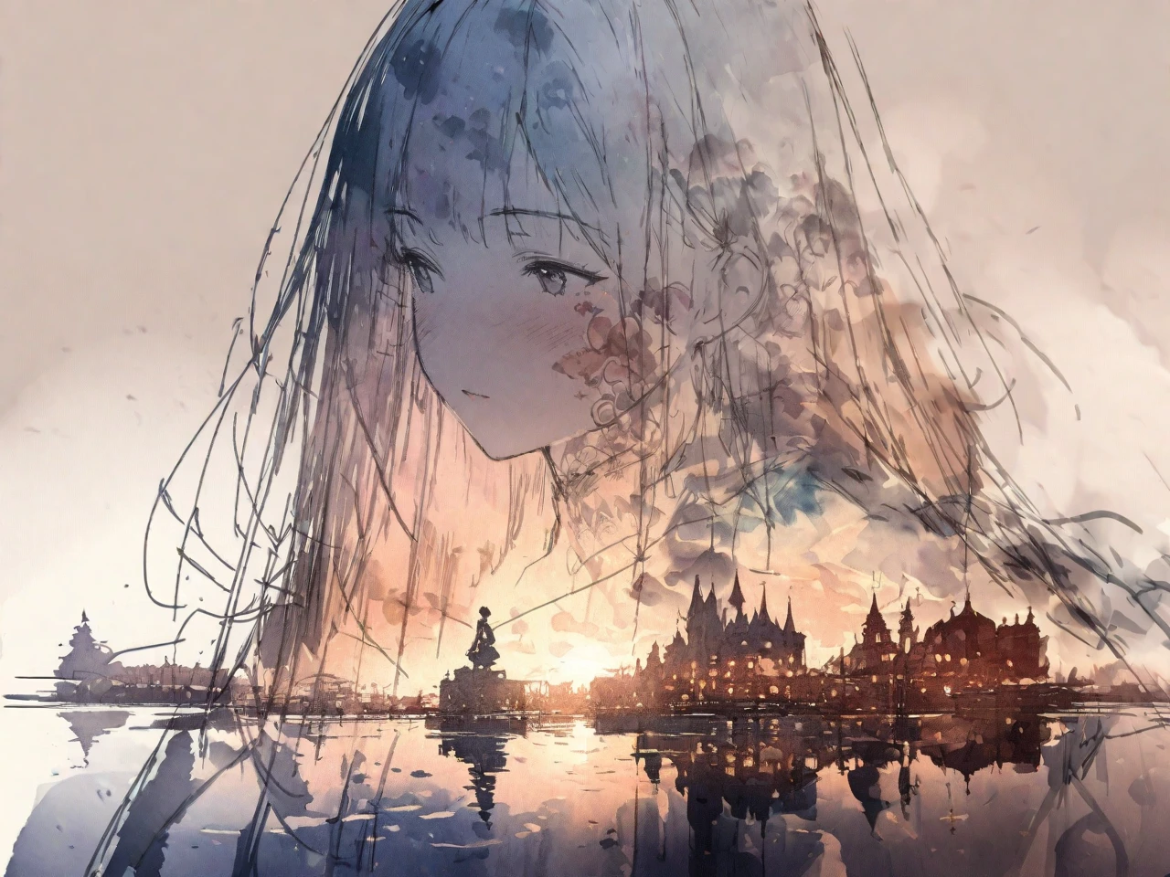 ((sketch:1.5)), ((watercolor:1)), Double Exposure of a Beautiful and Delicate Woman (The face is clear and perfect) images,Background、 Perfect Ultra Detailed Victorian Scenery , beautiful, beautiful笑顔, complicated illustration, Artwork Concept Artwork,