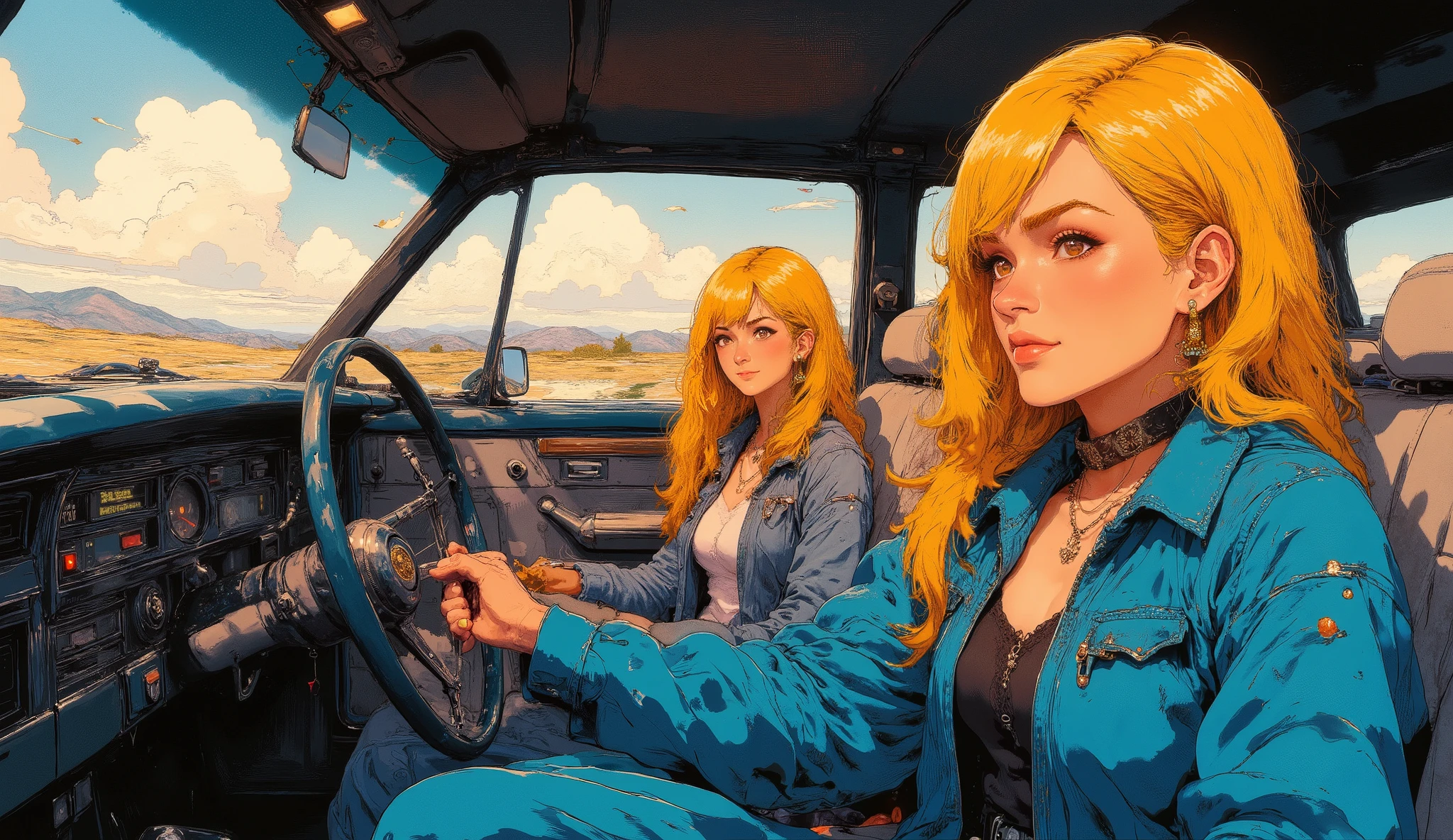 ((  RAW photo), absurdo, (  absurd resolution)),   masterpiece,  envelopes , (  Extremely detailed 8k unit CG wallpaper), (  best illustration), (  Best Tone ),   realistic lighting  ,   detailed and beautiful glitter, (( 20 years)),  blue jacket  , collar with a cross , 3 jóvenes mujeres en un cadillac, en la carretera, cabello dorado, atardecer 