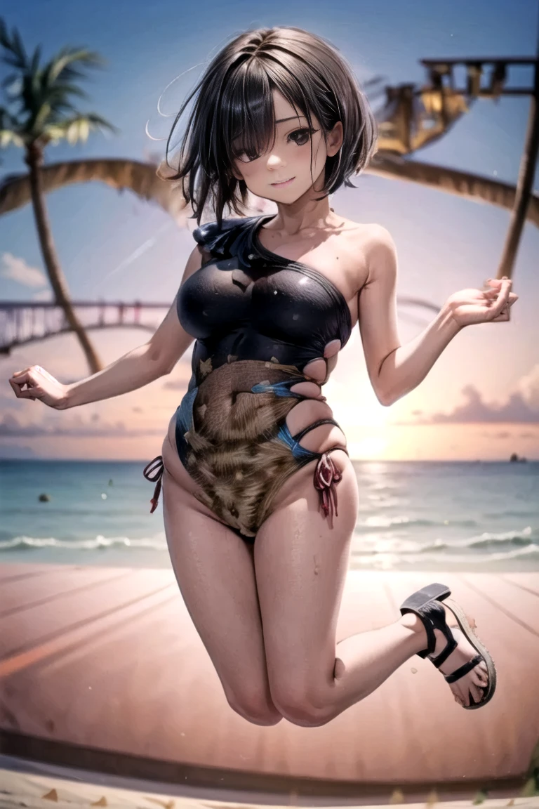 Dark-haired anime girl in pink swimsuit and corset, 16 anos, corpo bonito, seios grandes, com as hands on chest, hands on chest, Garota sensual, purple cabelo, mechas de cabelo laterais, mechas de cabelo na lateral do rosto, beautiful lighting, sombras suaves, olhos azuis, pernas bonitas, cabelo curto, estilo anime, personagem Akane Tendo, Autora Rumiko Takahashi, Baseado em obra de Rumiko Takahashi, Anime Ranma 1/ 2, decote sensual, quadril robusto, corpo inteiro, corpo inteiro, busto grande, garota jovem com corpo belo e bonito, sandals on his feet, garota 16 anos jovem, usando maiô e corset pink, garota anime, estilo anime, beautiful feet in sandals, 45° viewing angle, ao ar livre, peito grande, seios bonitos, cabelo preto, sandals on the feet, pernas bonitas, sensual, belas pernas, Sandalias, seios grandes, corpo completo, corpo inteiro, feet with sandals, anime realista, saia, sarja roxa