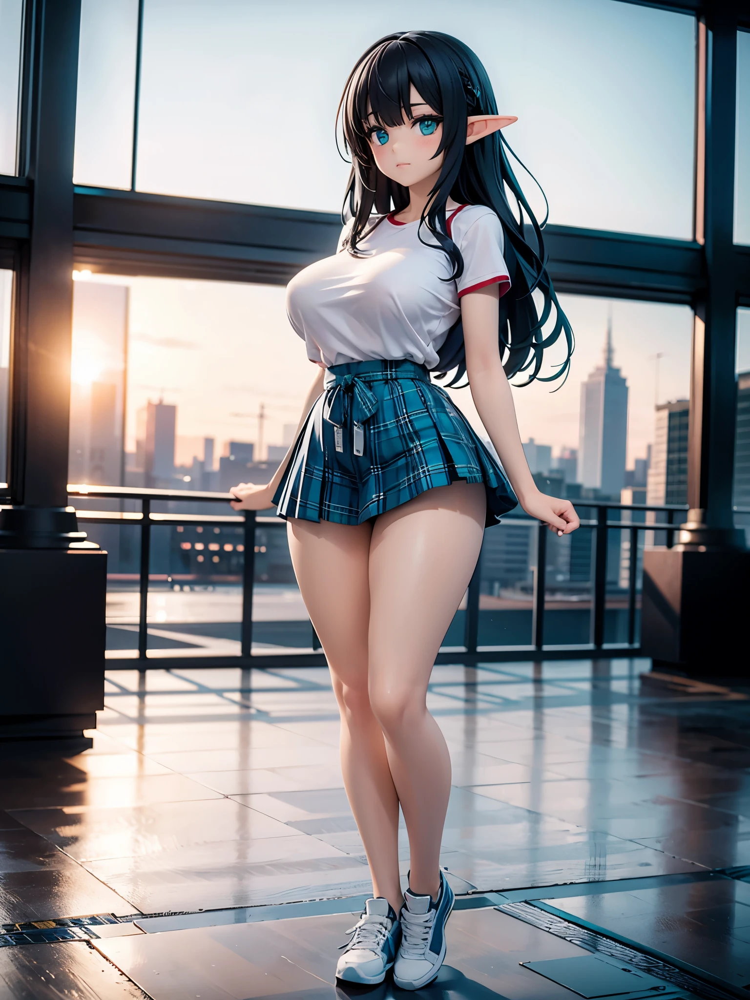 detailed image, beautiful image, 1 elf, black hair, long hair, turquoise eyes, has large breasts, short waist, wide hips, thick thighs, big ass, wearing a t-shirt top, mini skirt with plaid pleats, long stockings, casual sneakers, cityscape, sunny day, around many flowers, ambient light, artificial light,