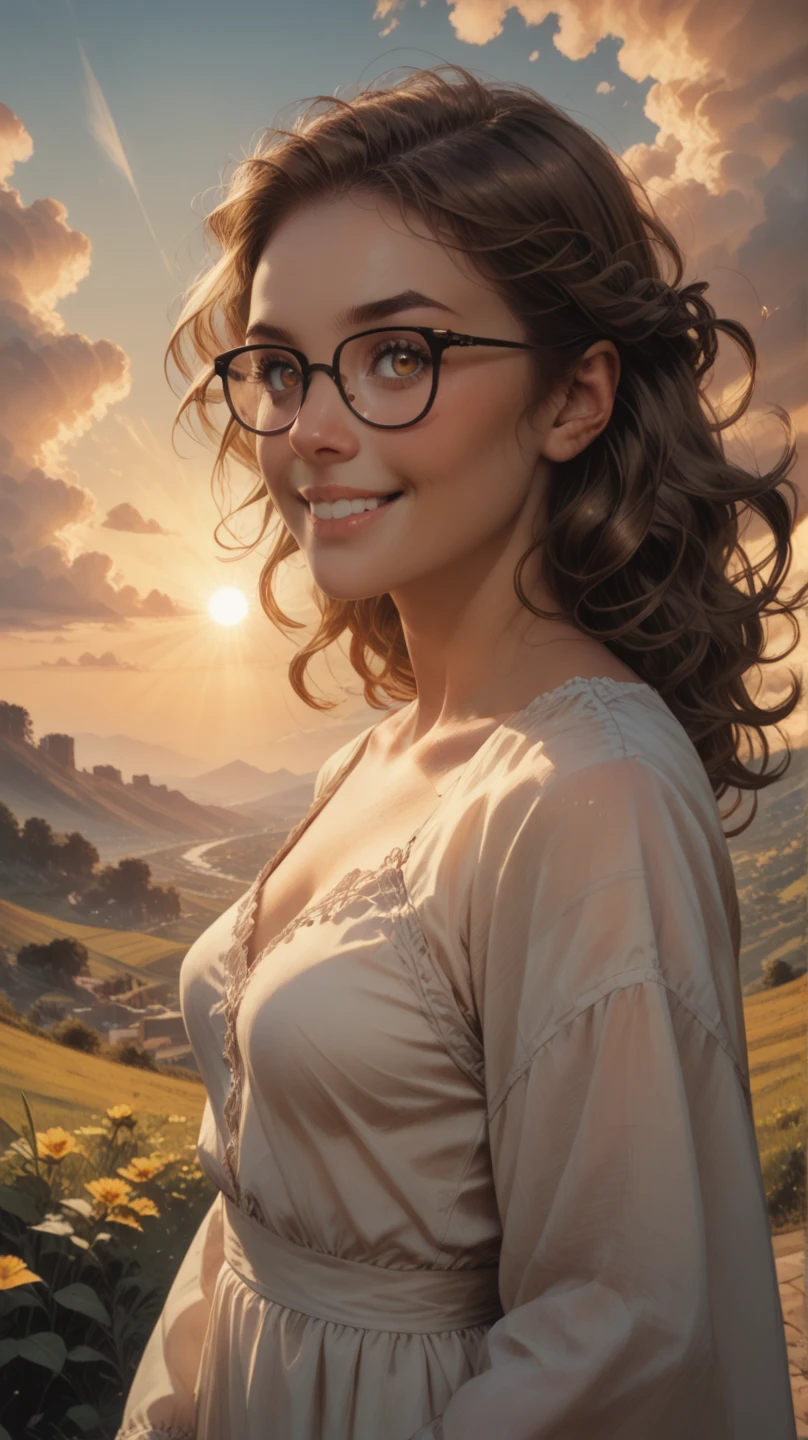 (Gal Gadot:Evangeline Lilly), (looking at viewer, light smile, ), brown hair, brown eyes,  long hair, hair_flying, Fluttering hair, flying_hair, ((Transparent glasses, glasses, glasses_on_nose)), ((white dress)), (downblouse), (no bra), sexy, charming, stunning,  enhance, delicate, (pale skin, real_skin), sunlight, spring, field of flowers, (flowers in the hair), outdoor, best quality, high quality, highres, 8k, photo realistic.
