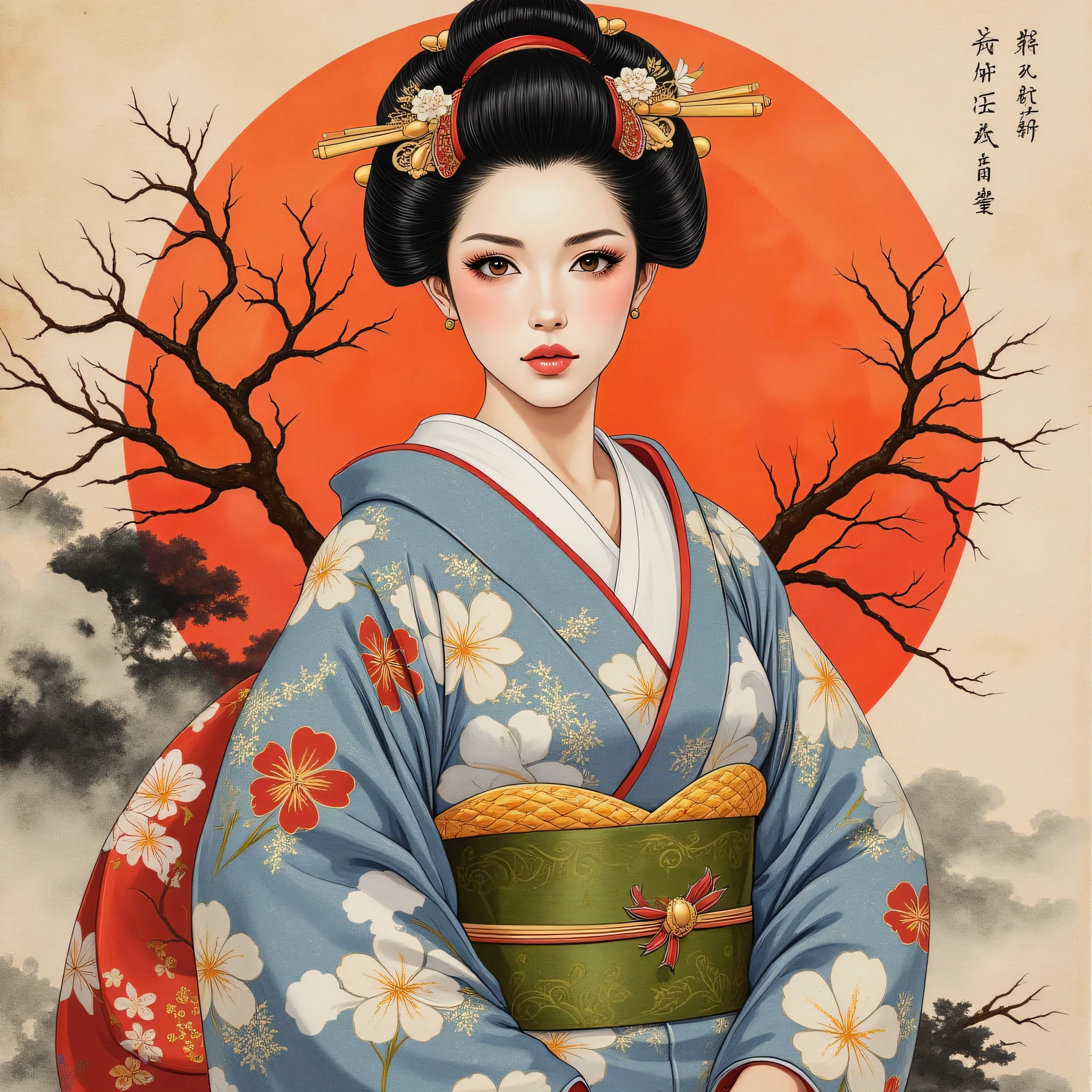 the detailed proportions and textures brushed multicolored and softened with airbrush, a semi-realistic Chinese ink illustration A young traditional geisha of from the Edo period is shown (full body, pose and in high quality) in traditional Japanese (western) attire. innocent look, Full lips and defined eyebrows, huge (and round) breasts, thick thighs in bed, wide hips, thin and high waist, flat stomach. Her hair is styled in an elaborate updo adorned with intricate hairpins and ornaments. The kimono she wears is richly decorated with floral patterns in shades of white, grey and blue-silver, with layers of fabric visible, including a green sash. The overall style is elegant and refined, capturing the essence of traditional Japanese art with a modern twist. The background is a landscape in the Nihonga (Japanese) style, which draws attention to the subject and gives depth to the illustration. saturation in the very defined color palettes (color with monochrome shading and bright shades of red 25 % + yellow 25 % + blue 25% + biofluorescent 12.5% + transparencies 12.5%). aesthetic fusion by (fibonacci ratio. a realistic doll of a young Sophie Turner. a young girl has pink skin with white-gray tones that give her contrast and brightness type of character. fluid texture of thin, thin fabric that molds to your figure (her clothes with relief and folds give volume and depth to the character) style. soft focus, highly detailed and sharp, Approaching perfection, full hd 8k, High and low angles. of Milo Manara, Gianni Versace, coco chanel, Alberto Vargas, Greg Rutkowsk art style.