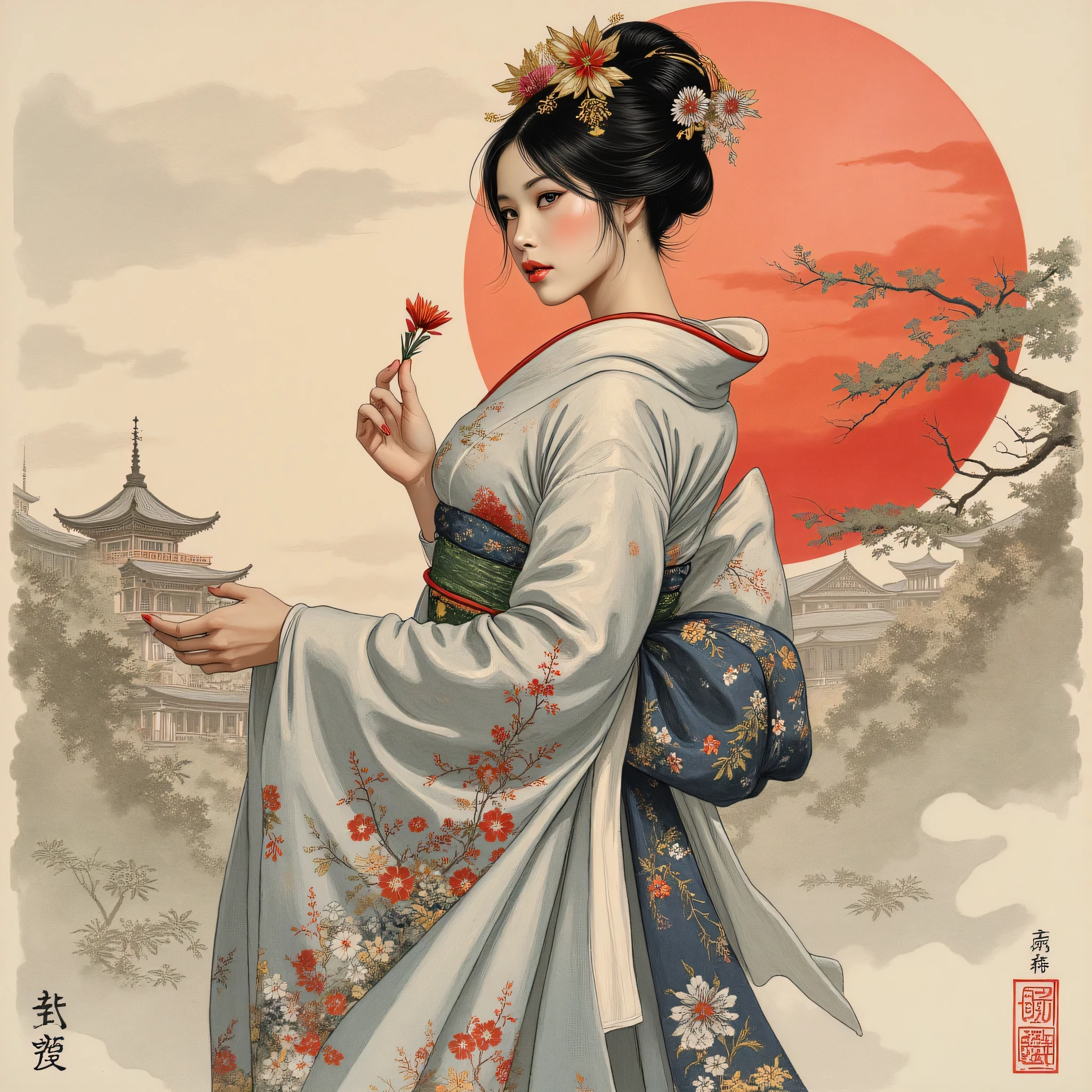 the detailed proportions and textures brushed multicolored and softened with airbrush, a semi-realistic Chinese ink illustration A young traditional geisha of from the Edo period is shown (full body, pose and in high quality) in traditional Japanese (western) attire. innocent look, Full lips and defined eyebrows, huge (and round) breasts, thick thighs in bed, wide hips, thin and high waist, flat stomach. Her hair is styled in an elaborate updo adorned with intricate hairpins and ornaments. The kimono she wears is richly decorated with floral patterns in shades of white, grey and blue-silver, with layers of fabric visible, including a green sash. The overall style is elegant and refined, capturing the essence of traditional Japanese art with a modern twist. The background is a landscape in the Nihonga (Japanese) style, which draws attention to the subject and gives depth to the illustration. saturation in the very defined color palettes (color with monochrome shading and bright shades of red 25 % + yellow 25 % + blue 25% + biofluorescent 12.5% + transparencies 12.5%). aesthetic fusion by (fibonacci ratio. a realistic doll of a young Sophie Turner. a young girl has pink skin with white-gray tones that give her contrast and brightness type of character. fluid texture of thin, thin fabric that molds to your figure (her clothes with relief and folds give volume and depth to the character) style. soft focus, highly detailed and sharp, Approaching perfection, full hd 8k, High and low angles. of Milo Manara, Gianni Versace, coco chanel, Alberto Vargas, Greg Rutkowsk art style.