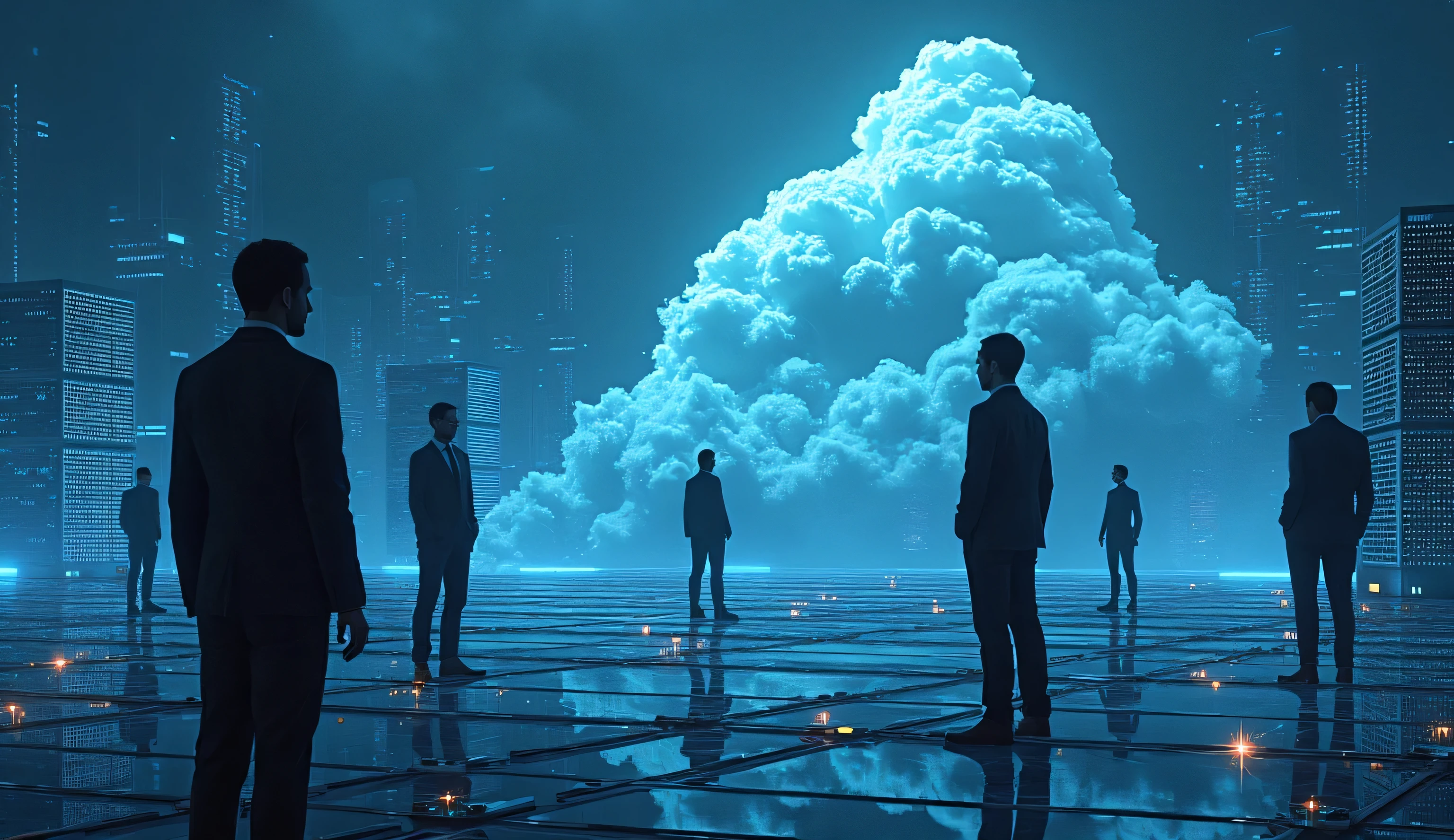 People standing in a futuristic city with a cloud in the background ...