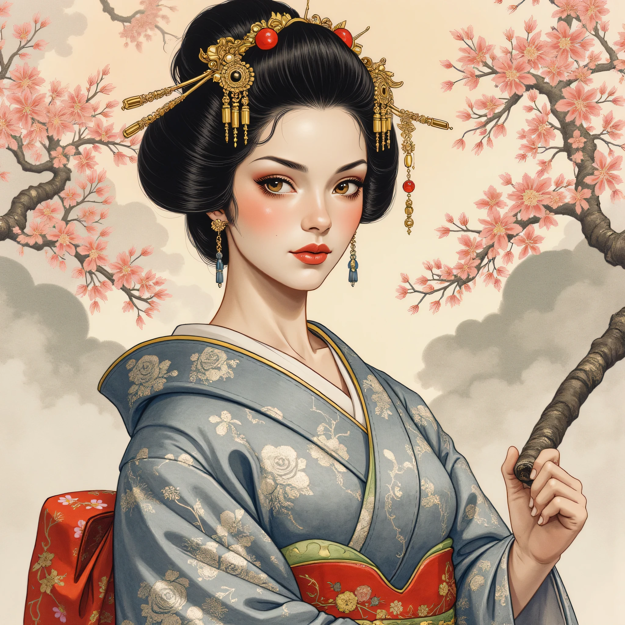 the detailed proportions and textures brushed multicolored and softened with airbrush, a semi-realistic Chinese ink illustration A young traditional geisha of from the Edo period is shown (full body, pose and in high quality) in traditional Japanese (western) attire. innocent look, Full lips and defined eyebrows, huge (and round) breasts, thick thighs in bed, wide hips, thin and high waist, flat stomach. Her hair is styled in an elaborate updo adorned with intricate hairpins and ornaments. The kimono she wears is richly decorated with floral patterns in shades of white, grey and blue-silver, with layers of fabric visible, including a green sash. The overall style is elegant and refined, capturing the essence of traditional Japanese art with a modern twist. The background is a landscape in the Nihonga (Japanese) style, which draws attention to the subject and gives depth to the illustration. saturation in the very defined color palettes (color with monochrome shading and bright shades of red 25 % + yellow 25 % + blue 25% + biofluorescent 12.5% + transparencies 12.5%). aesthetic fusion by (fibonacci ratio. a realistic doll of a young Sophie Turner. a young girl has pink skin with white-gray tones that give her contrast and brightness type of character. fluid texture of thin, thin fabric that molds to your figure (her clothes with relief and folds give volume and depth to the character) style. soft focus, highly detailed and sharp, Approaching perfection, full hd 8k, High and low angles. of Milo Manara, Gianni Versace, coco chanel, Alberto Vargas, Greg Rutkowsk art style.