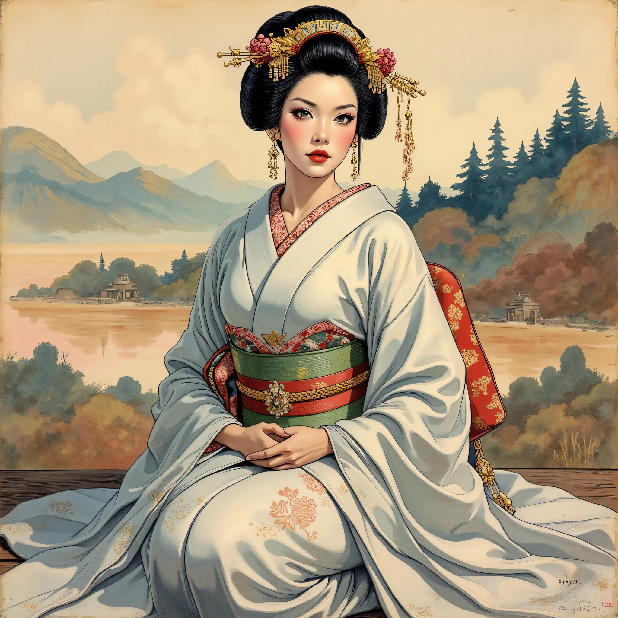the detailed proportions and textures brushed multicolored and softened with airbrush, a semi-realistic Chinese ink illustration A young traditional geisha of from the Edo period is shown (full body, pose and in high quality) in traditional Japanese (western) attire. innocent look, Full lips and defined eyebrows, huge (and round) breasts, thick thighs in bed, wide hips, thin and high waist, flat stomach. Her hair is styled in an elaborate updo adorned with intricate hairpins and ornaments. The kimono she wears is richly decorated with floral patterns in shades of white, grey and blue-silver, with layers of fabric visible, including a green sash. The overall style is elegant and refined, capturing the essence of traditional Japanese art with a modern twist. The background is a landscape in the Nihonga (Japanese) style, which draws attention to the subject and gives depth to the illustration. saturation in the very defined color palettes (color with monochrome shading and bright shades of red 25 % + yellow 25 % + blue 25% + biofluorescent 12.5% + transparencies 12.5%). aesthetic fusion by (fibonacci ratio. a realistic doll of a young Sophie Turner. a young girl has pink skin with white-gray tones that give her contrast and brightness type of character. fluid texture of thin, thin fabric that molds to your figure (her clothes with relief and folds give volume and depth to the character) style. soft focus, highly detailed and sharp, Approaching perfection, full hd 8k, High and low angles. of Milo Manara, Gianni Versace, coco chanel, Alberto Vargas, Greg Rutkowsk art style.