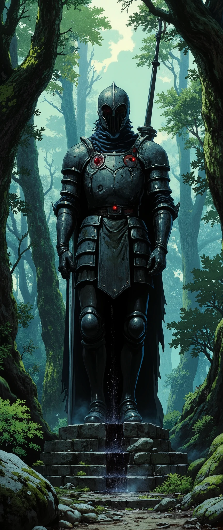 ( masterpiece:1.2,exceptional quality,display case, cinematic experience , best illustration:2.0, more details.2.0),16k,wallpaper,( The Cursed Statue Deep in the Forest ),( A stone statue of a headless knight in armor stands at a sanctuary in a dense, dark forest:2.0),( An unknown black creature with black hair is gushing from the statue in armor :2.0),( glowing red eyes),(deteriorating:1.3),(moss),( Studio Ghibli in the courtyard :2.0),( anime art),( dynamic:2.0),(Spectacular landscapes:2.0),( scary vibration :2.0),(from below:2.0)