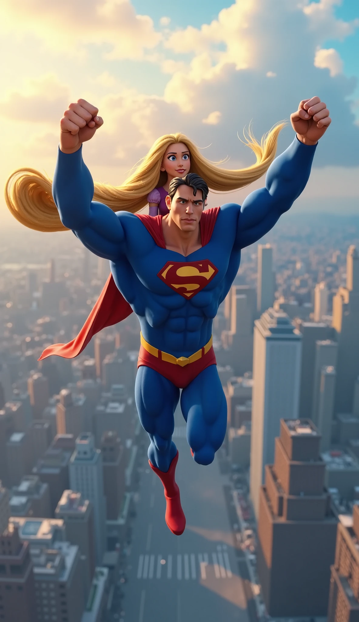 make a white superman saving a fat blonde woman in leggings, he is flying with her 