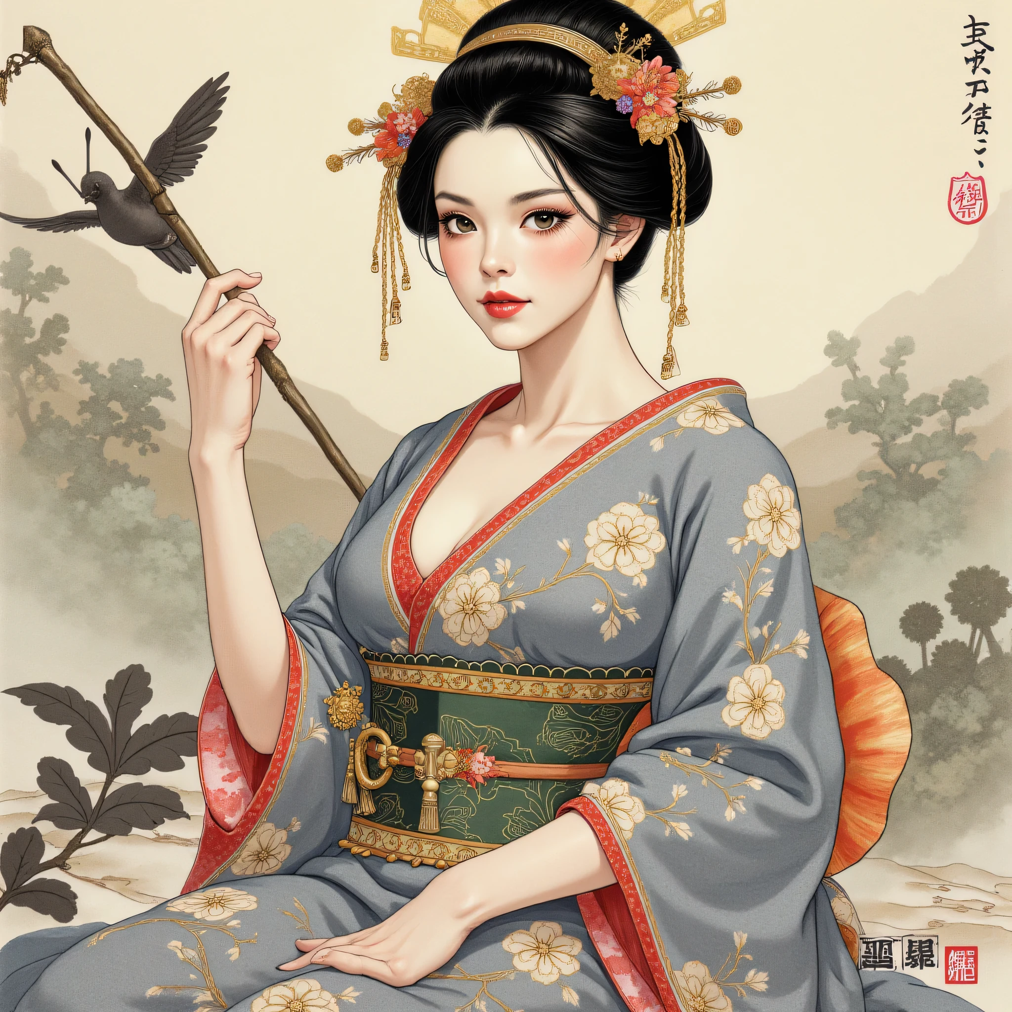 the detailed proportions and textures brushed multicolored and softened with airbrush, a semi-realistic Chinese ink illustration A young traditional geisha of from the Edo period is shown (full body, pose and in high quality) in traditional Japanese (western) attire. innocent look, Full lips and defined eyebrows, huge (and round) breasts, thick thighs in bed, wide hips, thin and high waist, flat stomach. Her hair is styled in an elaborate updo adorned with intricate hairpins and ornaments. The kimono she wears is richly decorated with floral patterns in shades of white, grey and blue-silver, with layers of fabric visible, including a green sash. The overall style is elegant and refined, capturing the essence of traditional Japanese art with a modern twist. The background is a landscape in the Nihonga (Japanese) style, which draws attention to the subject and gives depth to the illustration. saturation in the very defined color palettes (color with monochrome shading and bright shades of red 25 % + yellow 25 % + blue 25% + biofluorescent 12.5% + transparencies 12.5%). aesthetic fusion by (fibonacci ratio. a realistic doll of a young Sophie Turner. a young girl has pink skin with white-gray tones that give her contrast and brightness type of character. fluid texture of thin, thin fabric that molds to your figure (her clothes with relief and folds give volume and depth to the character) style. soft focus, highly detailed and sharp, Approaching perfection, full hd 8k, High and low angles. of Milo Manara, Gianni Versace, coco chanel, Alberto Vargas, Greg Rutkowsk art style.