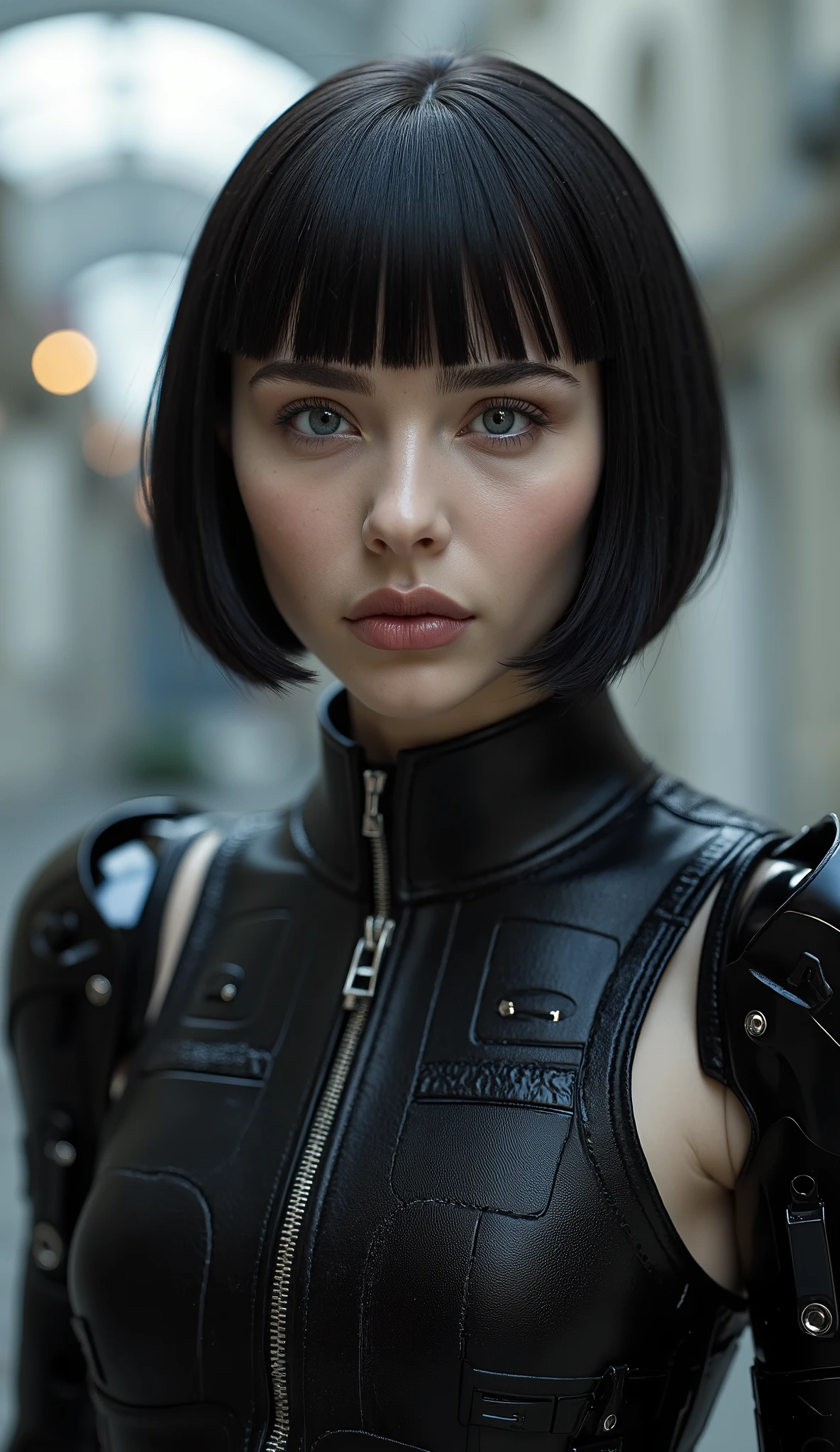 cgi render front view portrait of a black haired goth robot woman in a utopian world