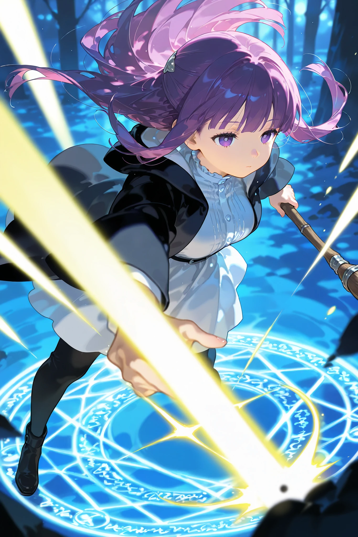 1girl\(fern \(sousou no frieren\), holds a wooden magic wand in her right hand, her looking at gazes ground into the distance,expressioness is calm and emotionless, extends her right hand and points the wand at gazes ground\),solo, A magic circle drawn in the air, she is standing on top of it, behind her multiple blue magic circles are drawn in the air, from the magic circles laser-like beam effects filled with the same color energy are generated and fired towards the gazes ground,BREAK, side shot,wide shot,magic circles and magical light are as bright as neon, (illuminating her and surroundings with a fantastical blue), this scene depicts a battle scene of a skilled wizard