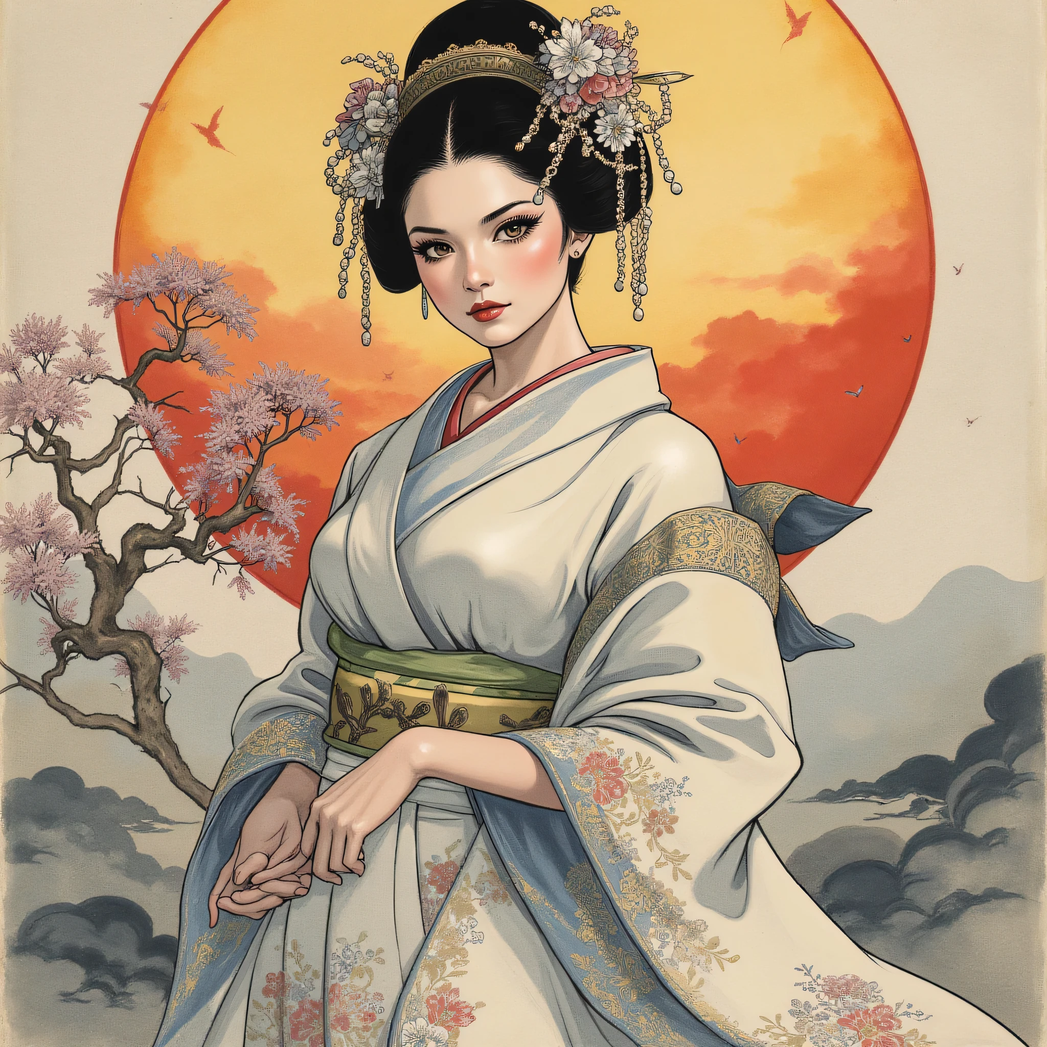 the detailed proportions and textures brushed multicolored and softened with airbrush, a semi-realistic Chinese ink illustration A young traditional geisha of from the Edo period is shown (full body, pose and in high quality) in traditional Japanese (western) attire. innocent look, Full lips and defined eyebrows, huge (and round) breasts, thick thighs in bed, wide hips, thin and high waist, flat stomach. Her hair is styled in an elaborate updo adorned with intricate hairpins and ornaments. The kimono she wears is richly decorated with floral patterns in shades of white, grey and blue-silver, with layers of fabric visible, including a green sash. The overall style is elegant and refined, capturing the essence of traditional Japanese art with a modern twist. The background is a landscape in the Nihonga (Japanese) style, which draws attention to the subject and gives depth to the illustration. saturation in the very defined color palettes (color with monochrome shading and bright shades of red 25 % + yellow 25 % + blue 25% + biofluorescent 12.5% + transparencies 12.5%). aesthetic fusion by (fibonacci ratio. a realistic doll of a young Sophie Turner. a young girl has pink skin with white-gray tones that give her contrast and brightness type of character. fluid texture of thin, thin fabric that molds to your figure (her clothes with relief and folds give volume and depth to the character) style. soft focus, highly detailed and sharp, Approaching perfection, full hd 8k, High and low angles. of Milo Manara, Gianni Versace, coco chanel, Alberto Vargas, Greg Rutkowsk art style.