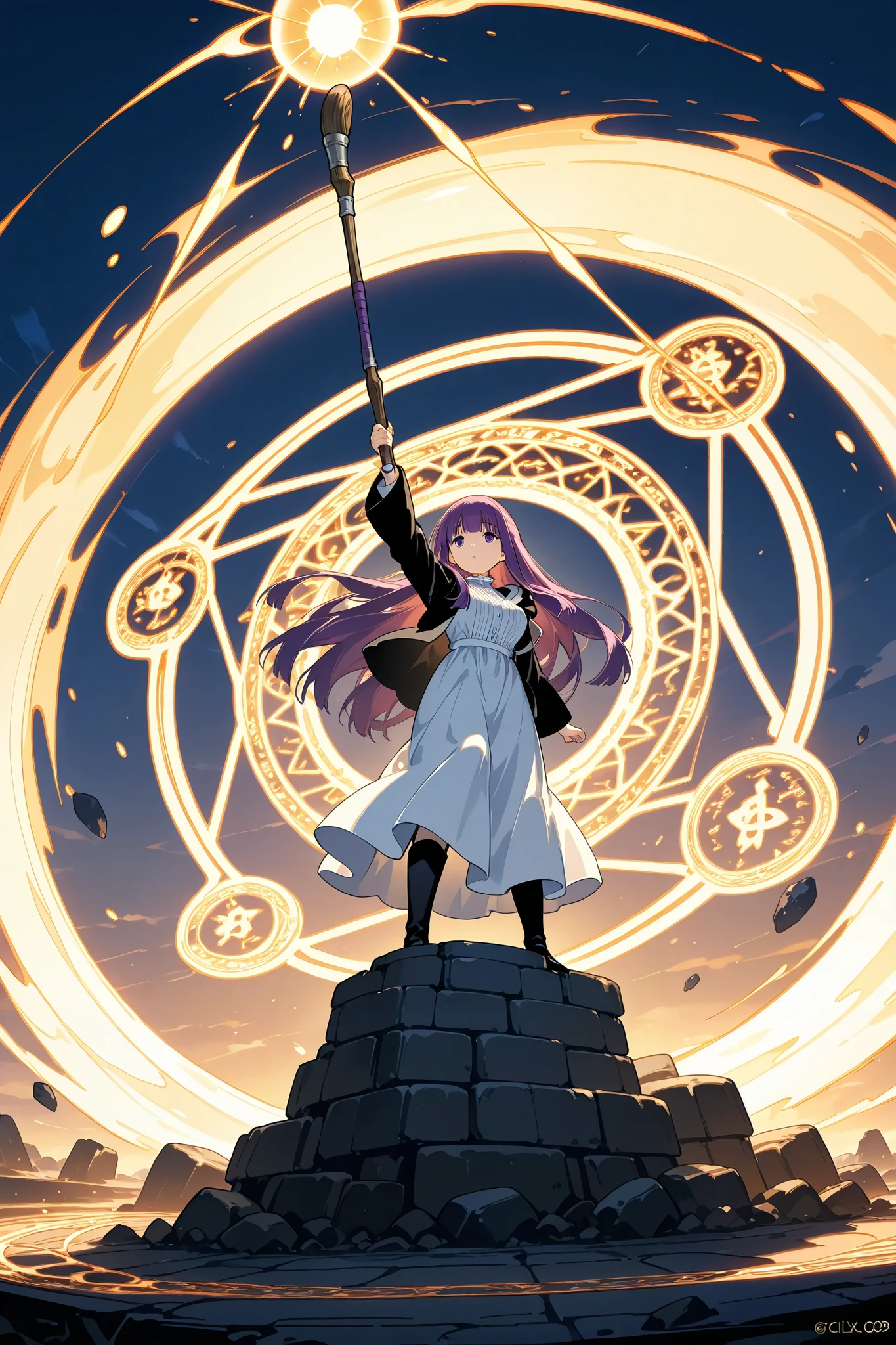 1girl\(fern \(sousou no frieren\), holds a wooden magic wand in her right hand, her looking at gazes ground into the distance,expressioness is calm and emotionless, extends her right hand and points the wand at gazes ground\),solo, A magic circle drawn in the air, she is standing on top of it, behind her multiple blue magic circles are drawn in the air, from the magic circles laser-like beam effects filled with the same color energy are generated and fired towards the gazes ground,BREAK, side shot,wide shot,magic circles and magical light are as bright as neon, (illuminating her and surroundings with a fantastical blue), this scene depicts a battle scene of a skilled wizard