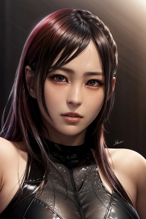 best quality,masterpiece,realistic,1girl,solo,looking at viewer, portrait, 
detailed face,
cyberpunk, outdoors,
black hair, high ponytail
armored dress,
a photo of kimminji,<lora:Dreamcatcher JiU v1:1>