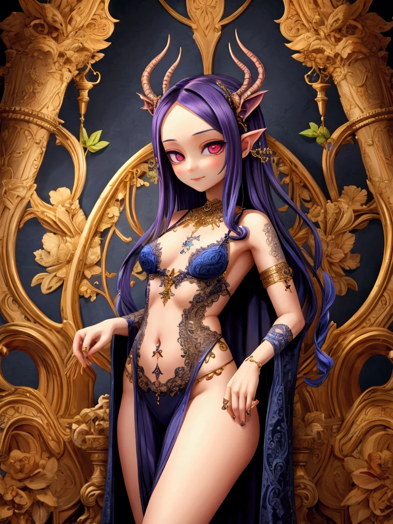 In an enchanting realm of dark fantasy, Slaanesh, the god of chaos and delight, stands majestically at the heart of this fantastical world. This androgynous deity, a mesmerizing blend of masculine and feminine aspects, captivates the senses with their flawless, alluring facial features. Slaanesh's body is a canvas of opulence, draped in vibrant and luxurious garments that shimmer like silk under the fantastical lights. The ornaments adorning their attire are intricate masterpieces, taking the form of serpents and dragons, symbolizing the endless transformation and power of the god.
A