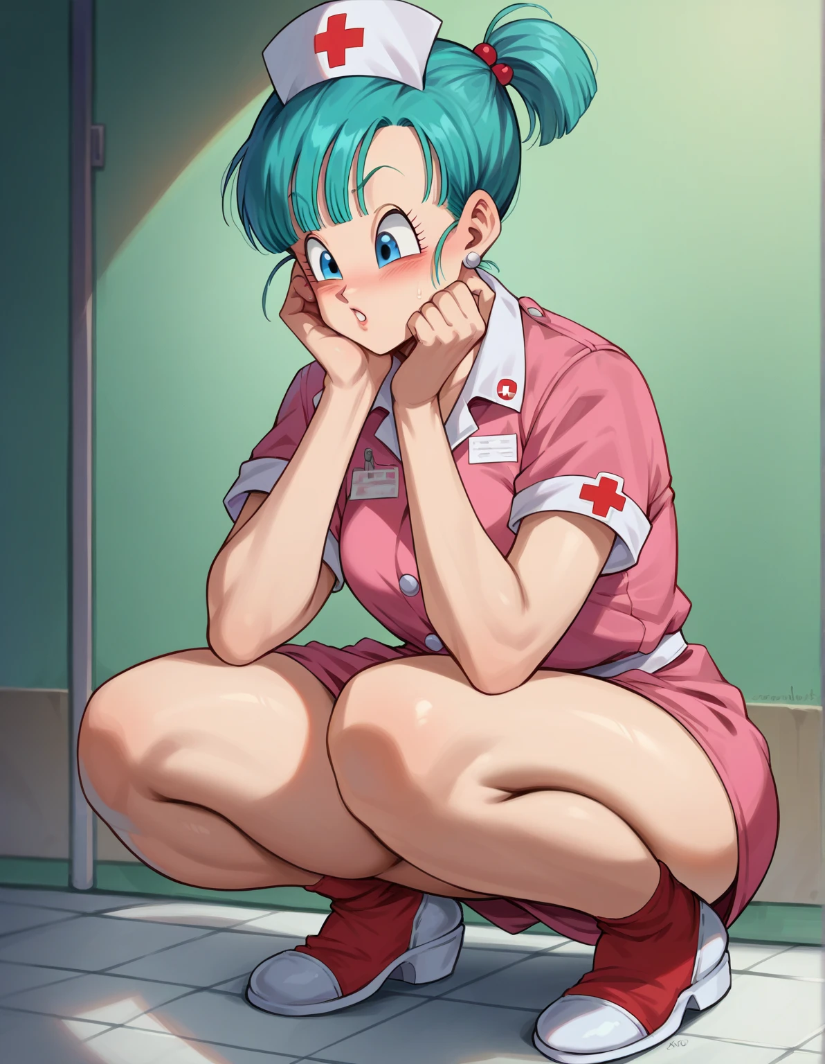 Bulma red dress legs crossed, adult content, full body image, sad expression, barefoot, toe nails red, tied ankles together, tied arms, sit on a chair, tape gagged,