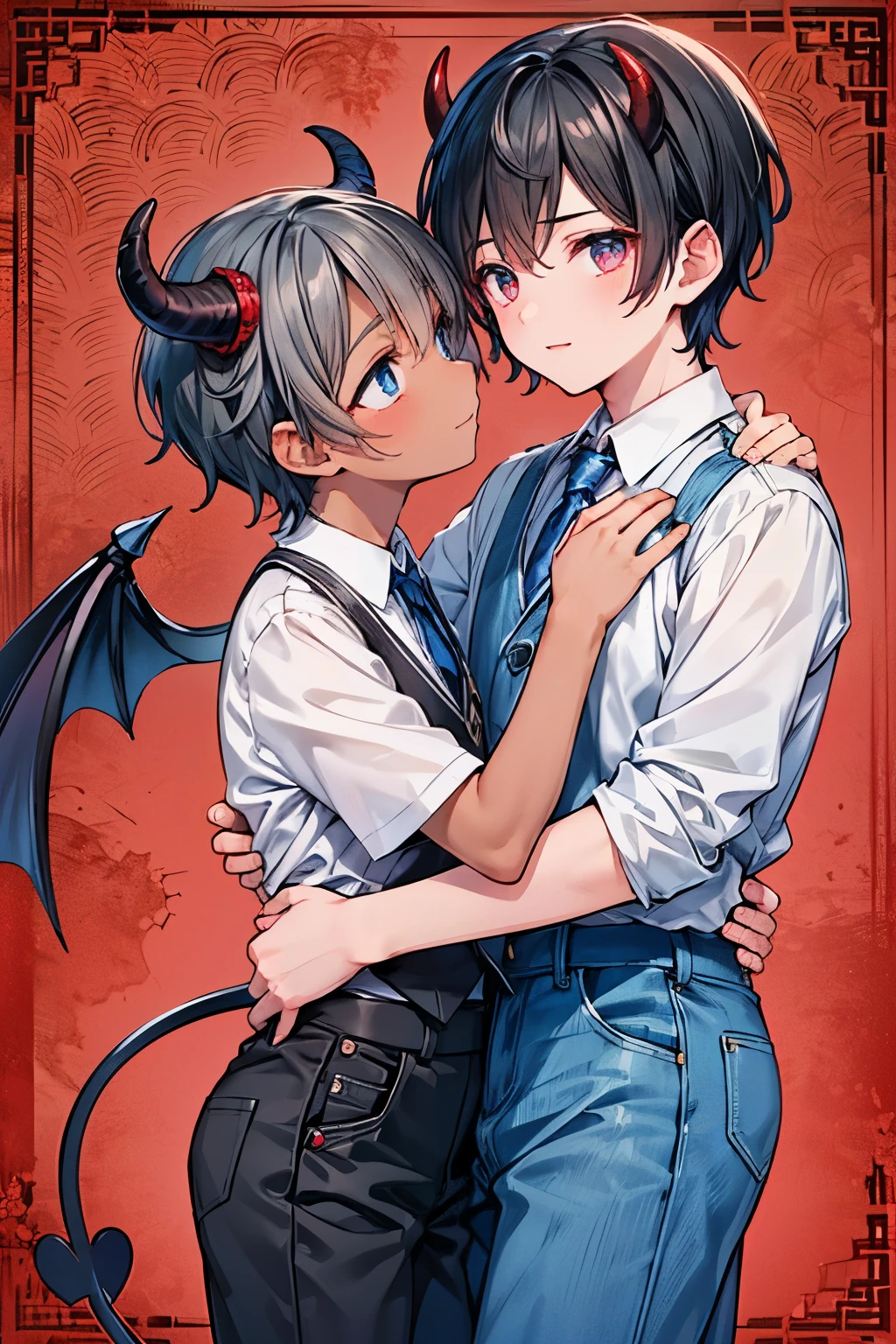 Hair,  black hair,  for men,((very short hair:1.0)), blue eyes , red eyes,((handsome Gay:1.25)),((demon:1.1)),(demon horns:1.25),((two boys:1.3)),((Gay couple:1.15)),(( adults and s:1.1)),(Yaoi:1.0),((Souki crest pattern background:1.25)), has a big smile, sleeping hair,((dark skin body:1.1)),(Chinese denim pants:0.85),(Eerily Shining Eyes :1.2),