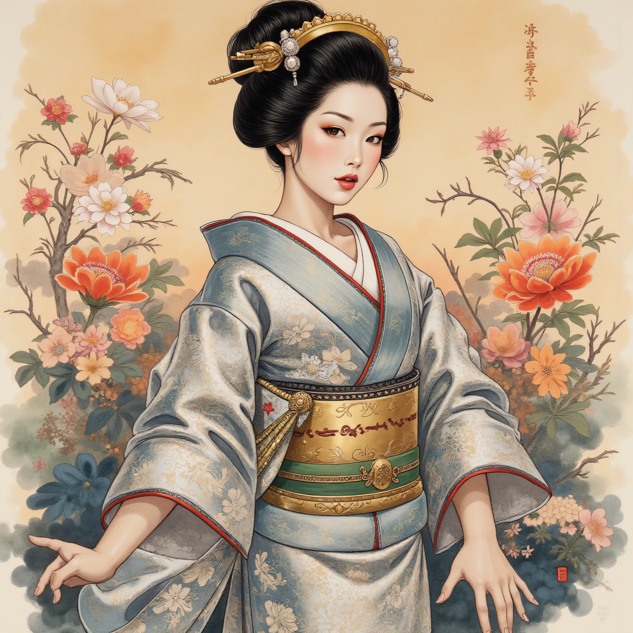 the detailed proportions and textures brushed multicolored and softened with airbrush, a semi-realistic Chinese ink illustration A young traditional geisha of from the Edo period is shown (full body, pose and in high quality) in traditional Japanese (western) attire. innocent look, Full lips and defined eyebrows, huge (and round) breasts, thick thighs in bed, wide hips, thin and high waist, flat stomach. Her hair is styled in an elaborate updo adorned with intricate hairpins and ornaments. The kimono she wears is richly decorated with floral patterns in shades of white, grey and blue-silver, with layers of fabric visible, including a green sash. The overall style is elegant and refined, capturing the essence of traditional Japanese art with a modern twist. The background is a landscape in the Nihonga (Japanese) style, which draws attention to the subject and gives depth to the illustration. saturation in the very defined color palettes (color with monochrome shading and bright shades of red 25 % + yellow 25 % + blue 25% + biofluorescent 12.5% + transparencies 12.5%). aesthetic fusion by (fibonacci ratio. a realistic doll of a young Sophie Turner. a young girl has pink skin with white-gray tones that give her contrast and brightness type of character. fluid texture of thin, thin fabric that molds to your figure (her clothes with relief and folds give volume and depth to the character) style. soft focus, highly detailed and sharp, Approaching perfection, full hd 8k, High and low angles. of Milo Manara, Gianni Versace, coco chanel, Alberto Vargas, Greg Rutkowsk art style.