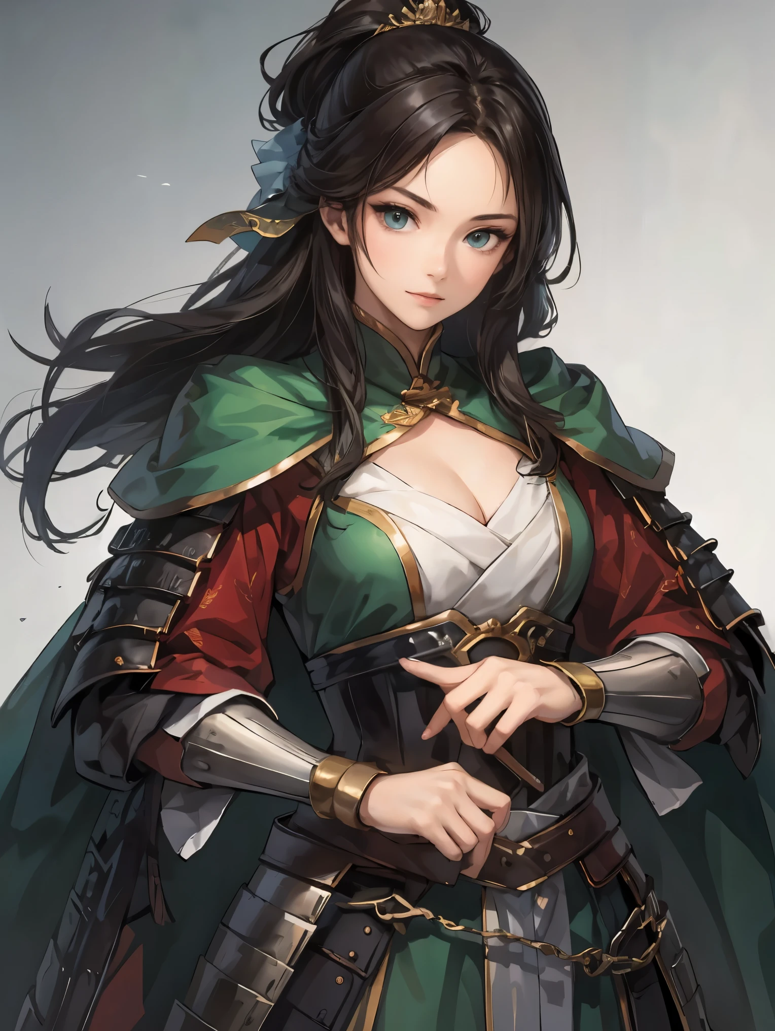 beautiful woman with dark hair :1.3, Gruwitz-Inspired Artwork , Hanfu,(( pure white background )), ( top quality), handsome,Beautiful female knight, 2. 5D CGI fantasy artwork, Detailed Digital Art, Extremely Amazing Artwork , Fan Art Best Art Station, ( green velvet long cape),(warrior:1.2)( expressionless ),Exquisitely drawn hands 、 I'm putting my hands on my lower back, facing front、Chinese Armor,From the waist up、One woman、 faint smile 、White space above the head, armor is wide open、 his chest is exposed