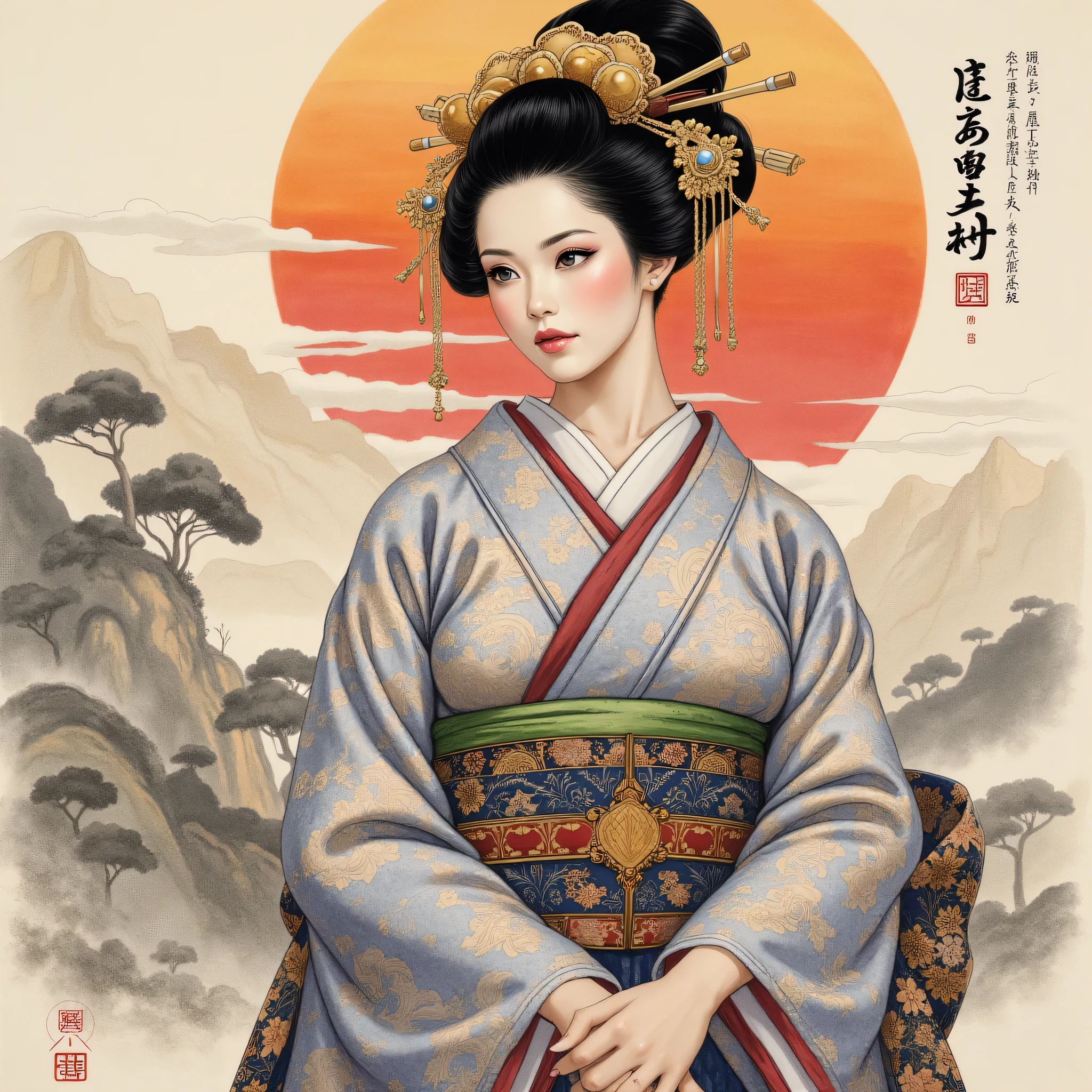 the detailed proportions and textures brushed multicolored and softened with airbrush, a semi-realistic Chinese ink illustration A young traditional geisha of from the Edo period is shown (full body, pose and in high quality) in traditional Japanese (western) attire. innocent look, Full lips and defined eyebrows, huge (and round) breasts, thick thighs in bed, wide hips, thin and high waist, flat stomach.  Her hair is styled in an elaborate updo adorned with intricate hairpins and ornaments. The kimono she wears is richly decorated with floral patterns in shades of white, grey and blue-silver, with layers of fabric visible, including a green sash. The overall style is elegant and refined, capturing the essence of traditional Japanese art with a modern twist. The background is a landscape in the Nihonga (Japanese) style, which draws attention to the subject and gives depth to the illustration. saturation in the very defined color palettes (color with monochrome shading and bright shades of red 25 % + yellow 25 % + blue 25% + biofluorescent 12.5% + transparencies 12.5%). aesthetic fusion by (fibonacci ratio. a realistic doll of a young Sophie Turner. a young girl has pink skin with white-gray tones that give her contrast and brightness type of character. fluid texture of thin, thin fabric that molds to your figure (her clothes with relief and folds give volume and depth to the character) style. soft focus, highly detailed and sharp, Approaching perfection, full hd 8k, High and low angles. of Milo Manara, Gianni Versace, coco chanel, Alberto Vargas, Greg Rutkowsk art style.
