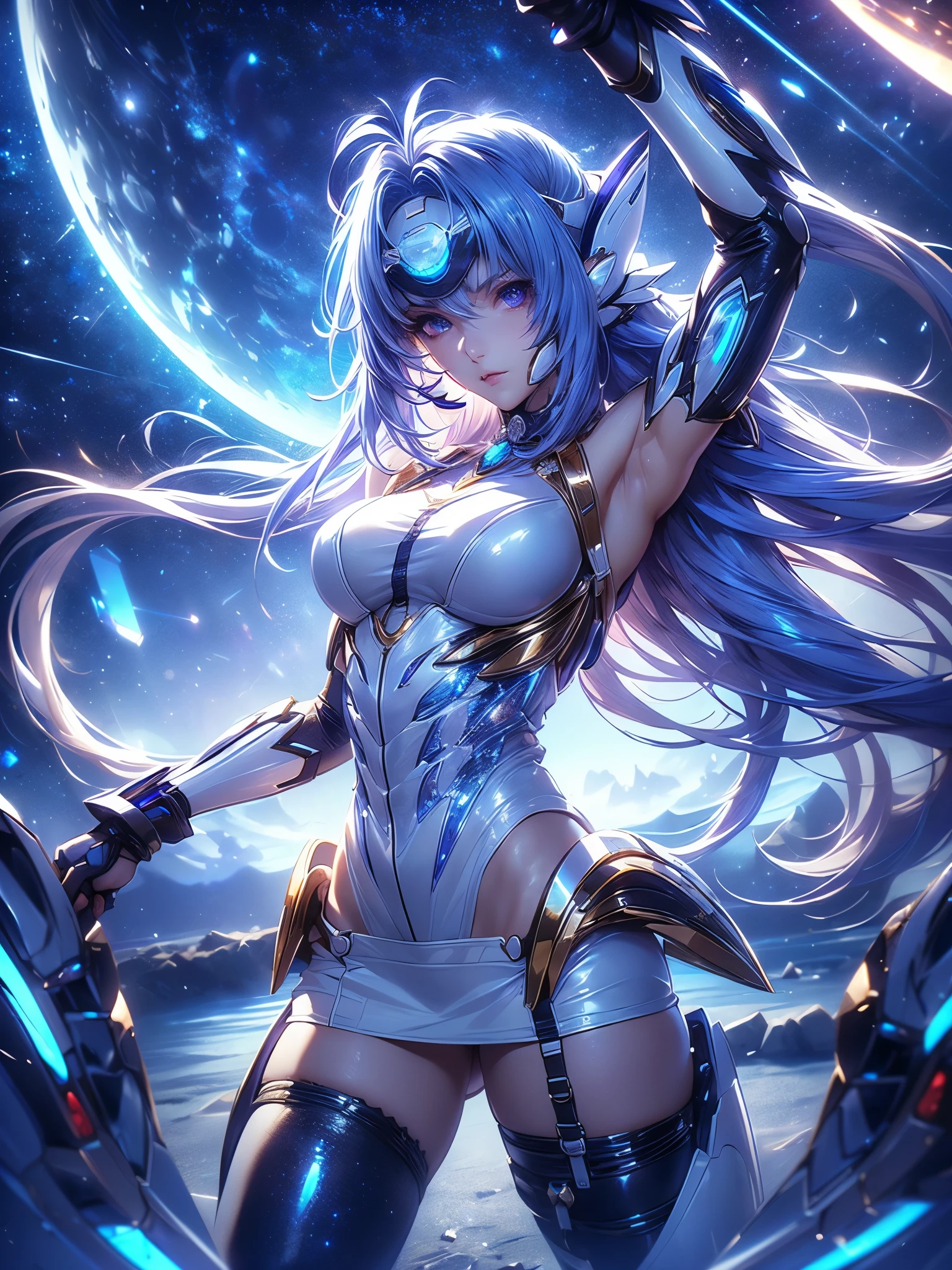 Full body KOS-MOS , score_9, score_8_Excellent, score_7_Excellent, 32K ,Detailed Depiction )(( highly detailed CG integration ), CGSoation Trends、 Super Real Highly Detailed Faces 、Bluish purple hair、 straight hair, SHINY AND CLEAN HAIR 、 White Shiny Skin 、 sexy cyberpunk girl 、 fiberglass 、Light emitting tube、(( Dark blue eyes :1.4, Clear Eyes, A board with detailed eyes , beautiful eyelashes ))、Neon Details、 Mechanical Hands 、 mechanical spine attached to the back、mechanical neck worn around the neck 、 head 、 Space Background Radiation 、 rat path section、white latex hi-leg leotard(( Valkyrie ))、(( standing+Combat Stance)),(( sexy model pose ))、(( Dramatic Graphic Backdrop :Starry Sky , Blue giant moon 、White Moonlight , dynamic background))(( top quality)),( Ultra High Resolution),( Super Detail)
