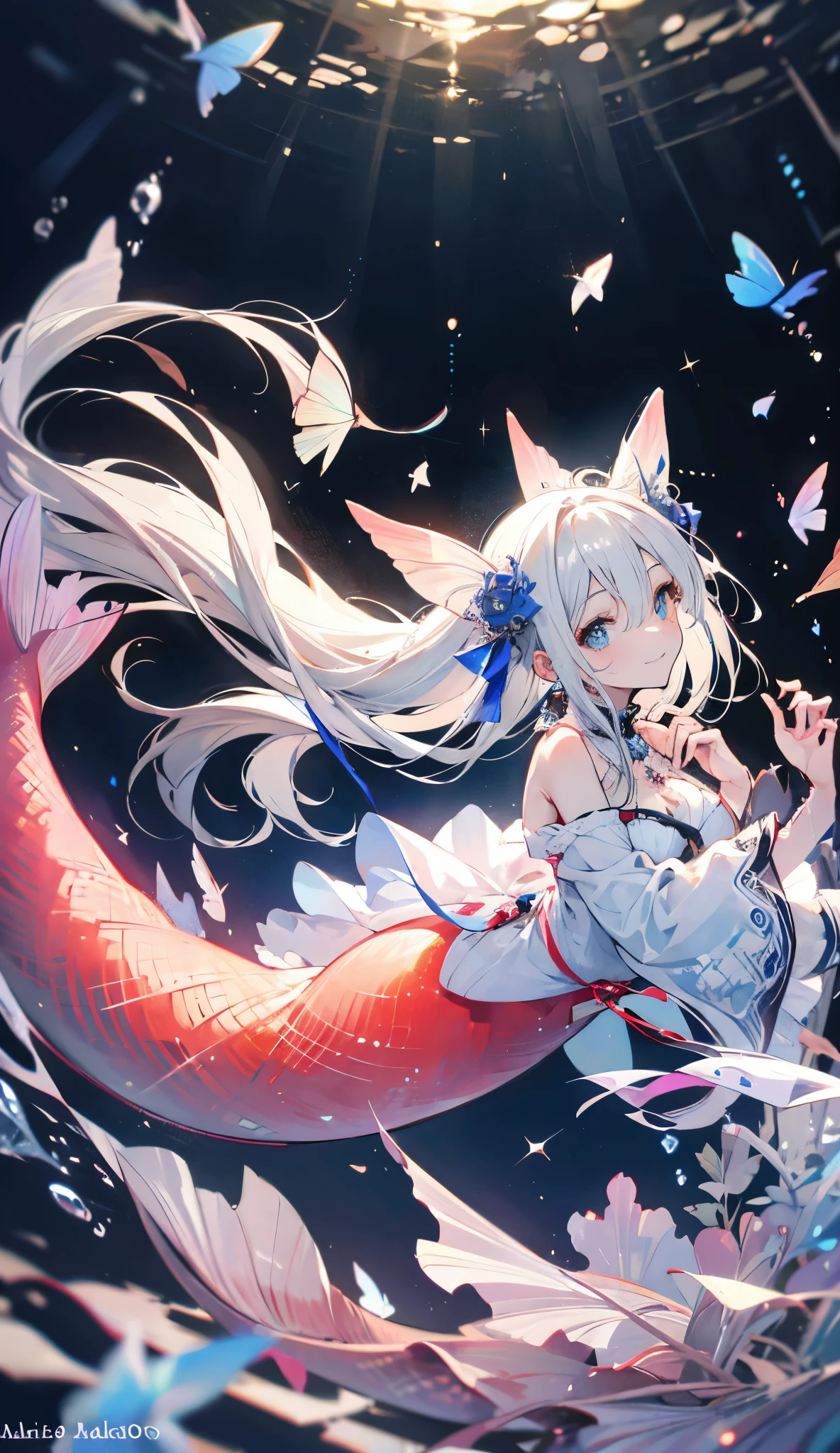 (extremely delicate and beautiful:1.2), uma Mermaid, 1girl mermaid, abaixo dagua, fashi-girl, bangs, blue eyes, blurry, blurry background, em baixo dagua, dentro do mar, light hair, closed mouth, sorriso de lado, from side, hair between eyes, hair bow, light particles adentradndo o mar, long sleeves, looking at viewer, medium hair, night, ((((abaixo do más detalhes reais, cores em tom branco e preto, onde apenas os olhos são de cor diferente)))), solo, star \(symbol\), full body