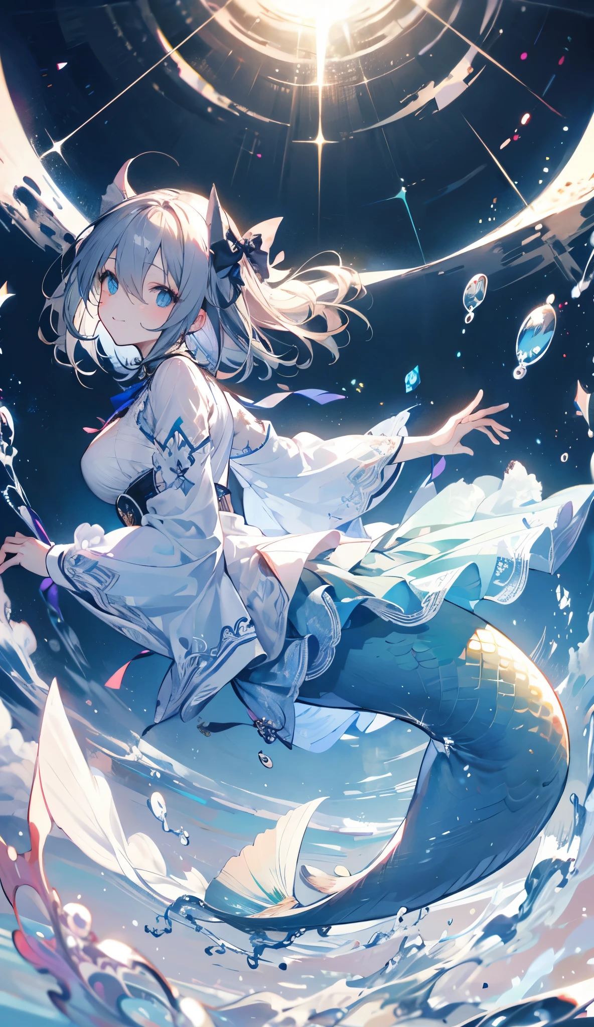 (extremely delicate and beautiful:1.2), uma Mermaid, 1girl mermaid, abaixo dagua, fashi-girl, bangs, blue eyes, blurry, blurry background, em baixo dagua, dentro do mar, light hair, closed mouth, sorriso de lado, from side, hair between eyes, hair bow, light particles adentradndo o mar, long sleeves, looking at viewer, medium hair, night, ((((abaixo do más detalhes reais, cores em tom branco e preto, onde apenas os olhos são de cor diferente)))), solo, star \(symbol\), full body
