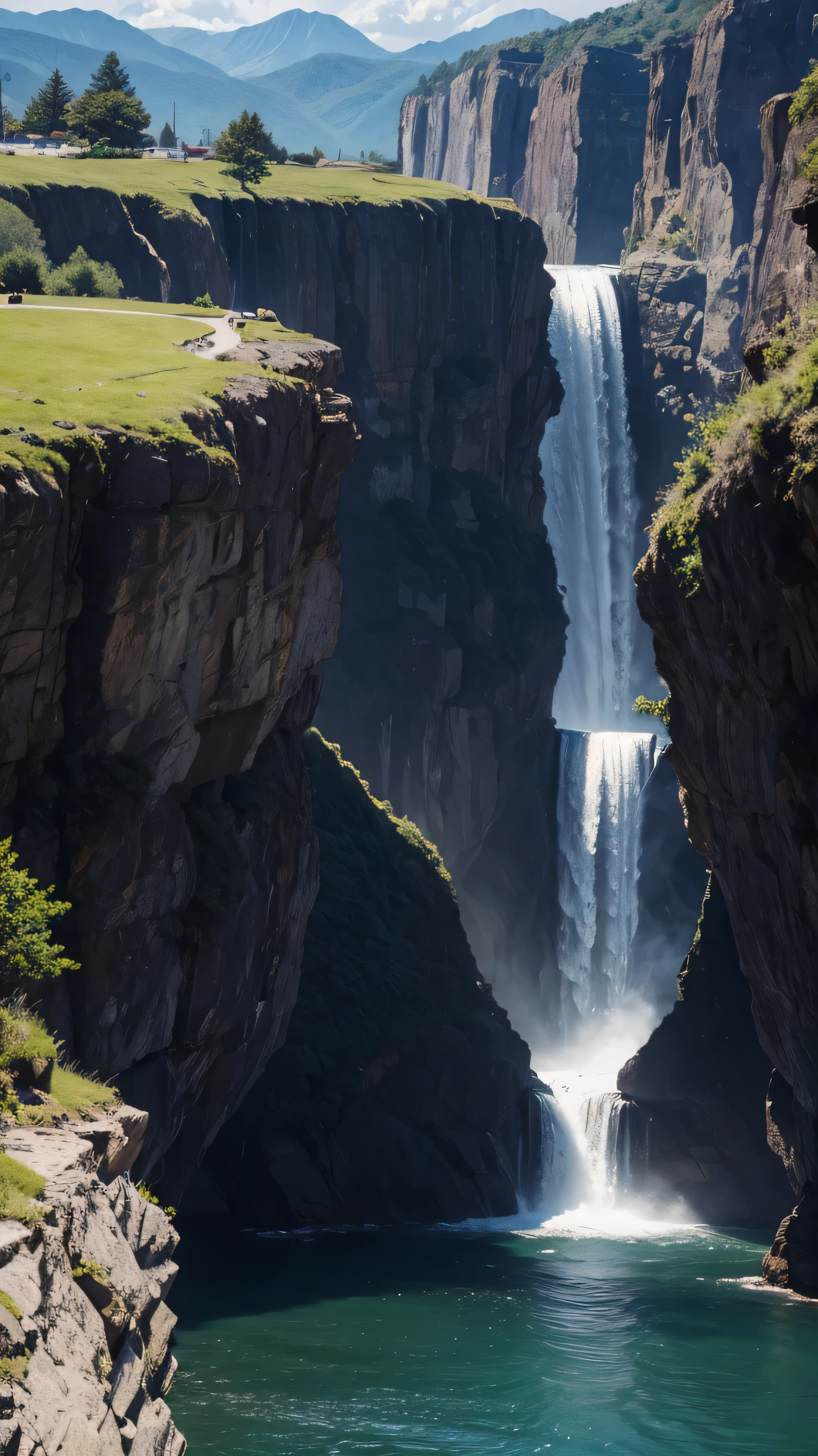 Masterpiece, 最 high quality , high quality , Detailed CG Unity 8K Wallpaper , landscape, Outdoors, null, cloud, null, not human, Mountain, landscape, water, tree, Blue NULL, waterfall , cliff, nature, river , cloudy skies, Award-winning photo, depth of coverage , high resolution, bloom, Chromatic Aberration, photorealism , very detailed , Artstation Trend , CGSociety Trends , 複雑な断cliff , high detail, dramatic, Art you can enjoy on the go