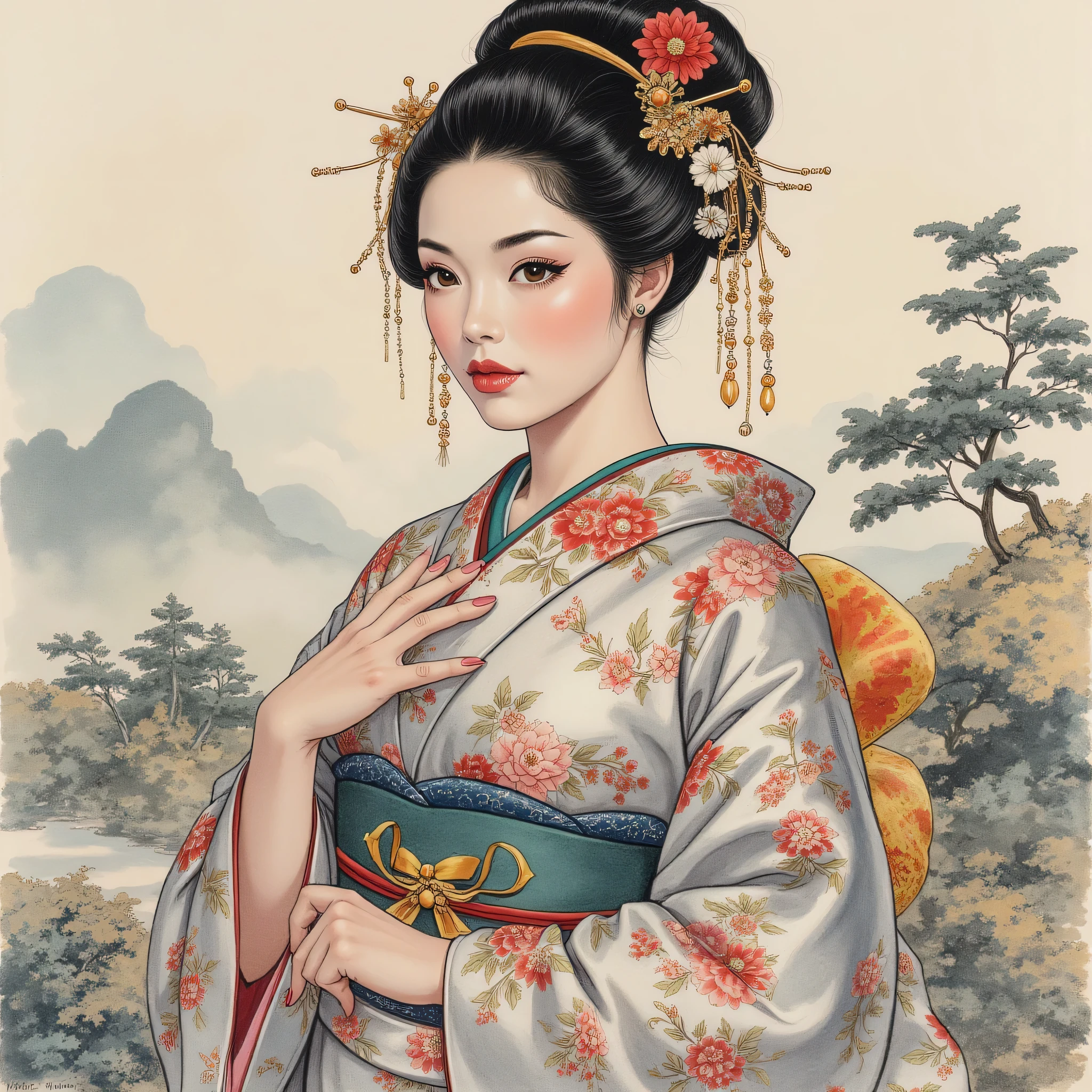 the detailed proportions and textures brushed multicolored and softened with airbrush, a semi-realistic Chinese ink illustration A young traditional geisha of from the Edo period is shown (full body, pose and in high quality) in traditional Japanese (western) attire. innocent look, Full lips and defined eyebrows, huge (and round) breasts, thick thighs in bed, wide hips, thin and high waist, flat stomach. Her hair is styled in an elaborate updo adorned with intricate hairpins and ornaments. The kimono she wears is richly decorated with floral patterns in shades of white, grey and blue-silver, with layers of fabric visible, including a green sash. The overall style is elegant and refined, capturing the essence of traditional Japanese art with a modern twist. The background is a landscape in the Nihonga (Japanese) style, which draws attention to the subject and gives depth to the illustration. saturation in the very defined color palettes (color with monochrome shading and bright shades of red 25 % + yellow 25 % + blue 25% + biofluorescent 12.5% + transparencies 12.5%). aesthetic fusion by (fibonacci ratio. a realistic doll of a young Sophie Turner. a young girl has pink skin with white-gray tones that give her contrast and brightness type of character. fluid texture of thin, thin fabric that molds to your figure (her clothes with relief and folds give volume and depth to the character) style. soft focus, highly detailed and sharp, Approaching perfection, full hd 8k, High and low angles. of Milo Manara, Gianni Versace, coco chanel, Alberto Vargas, Greg Rutkowsk art style.