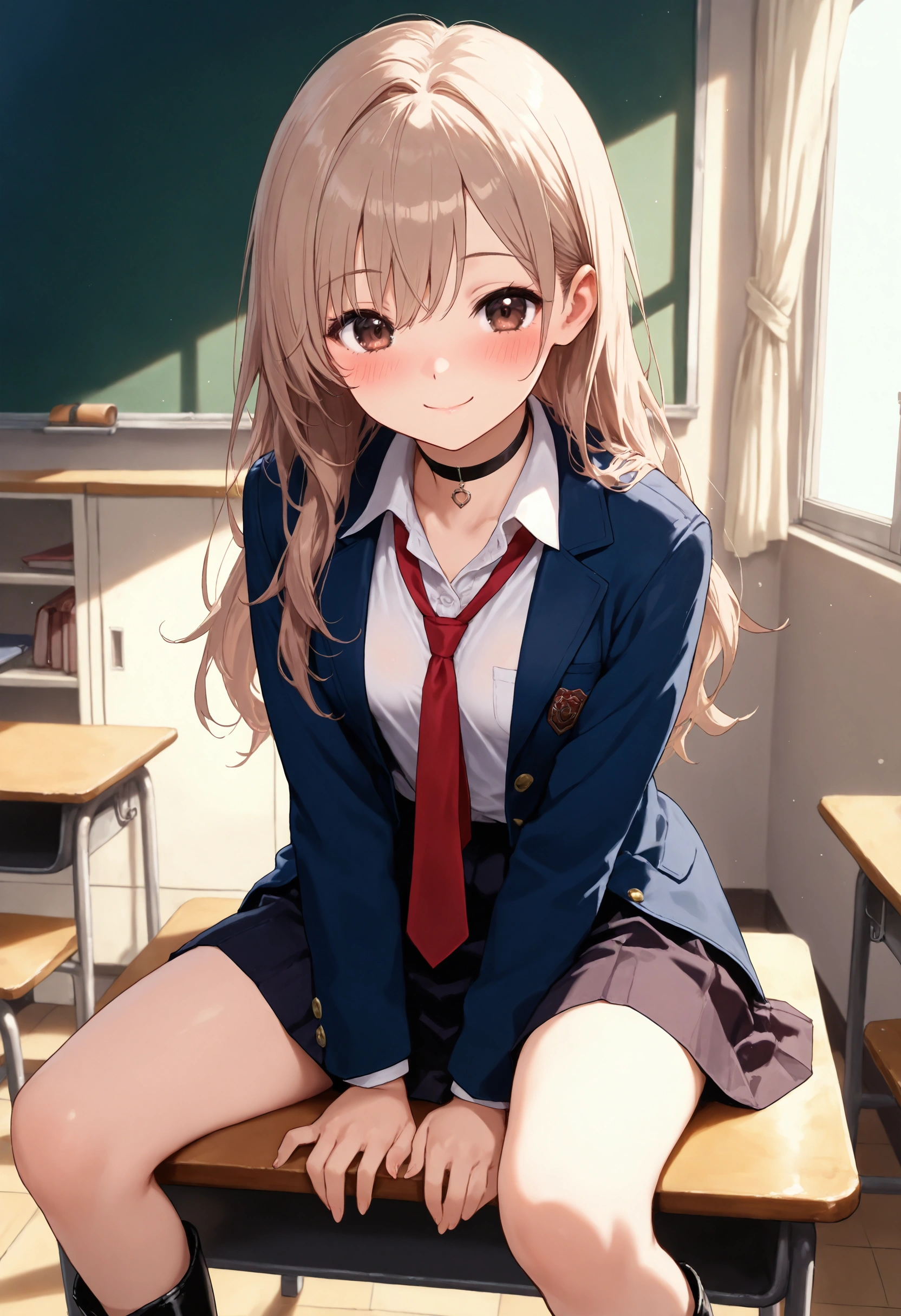 absurderes:1.8, ((beautiful clear eyes, sitting, spread legs, from below:1.3、bend your legs, pony tail)), ((school uniform, blazer, blackskirt、showing panties, panties emphasis:1.6, blond hair, panties:1.4, medium hair, classroom))、(1woman), Unity 8K Wallpaper, Masterpiece, detailed hair, highly detailed, , (wicked smile:1.4), (blush:1.3)