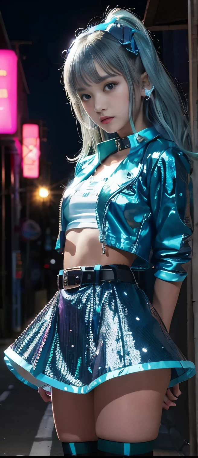 Cool Idol Girl 、A pure girl's face、 hypo、fluorescent blue jacket、silver sequin tight mini dress、Skeleton Belt、、Glowing Punk Town