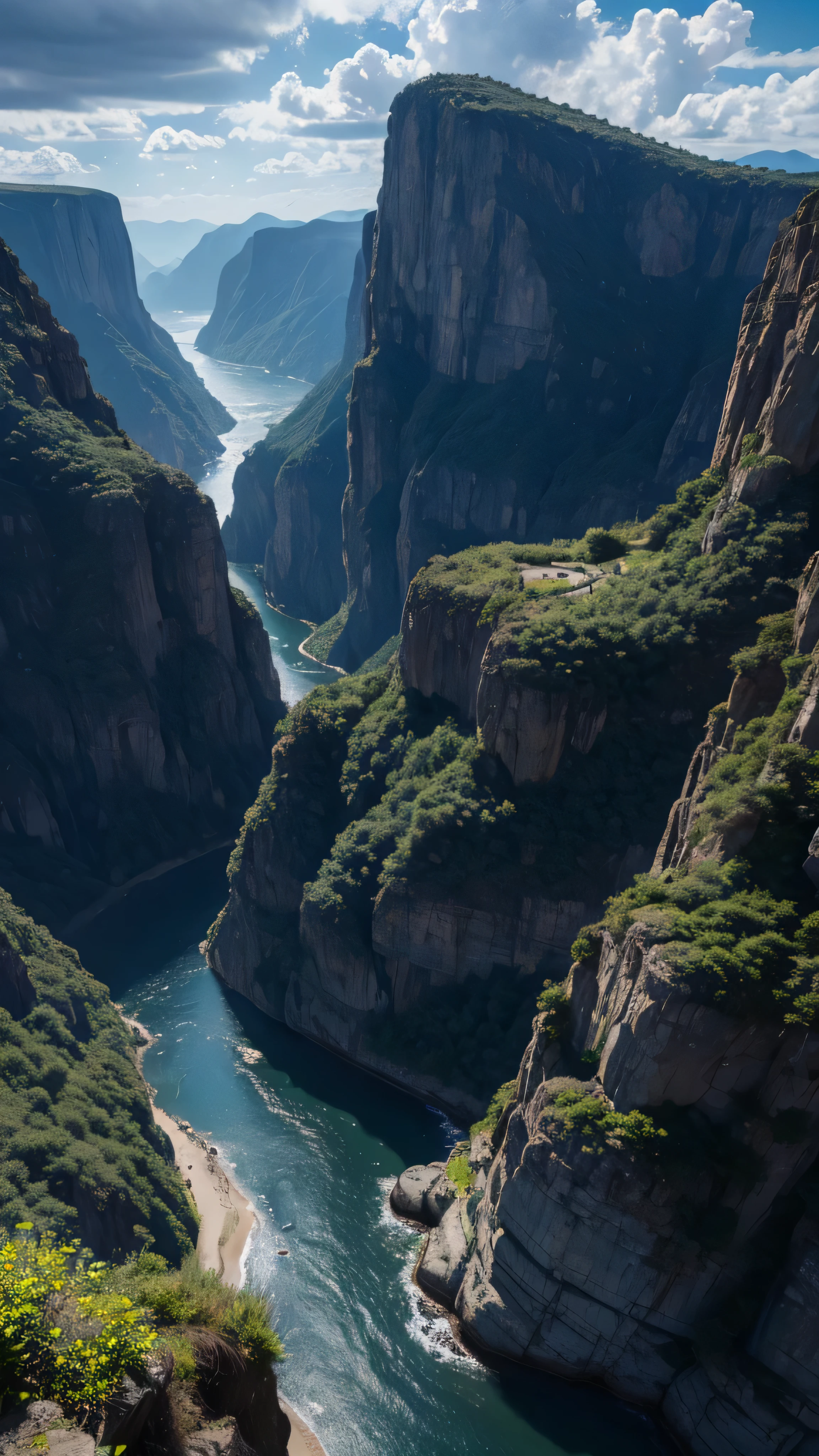 Masterpiece, 最 high quality , high quality , Detailed CG Unity 8K Wallpaper , landscape, Outdoors, null, cloud, null, not human, Mountain, landscape, water, tree, Blue river , cliff, nature, river , cloudy skies, Award-winning photo, depth of coverage , high resolution, bloom, Chromatic Aberration, photorealism , very detailed, Artstation Trend , CGSociety Trends , complicated terrain , high detail, dramatic, inspiring nature environment。