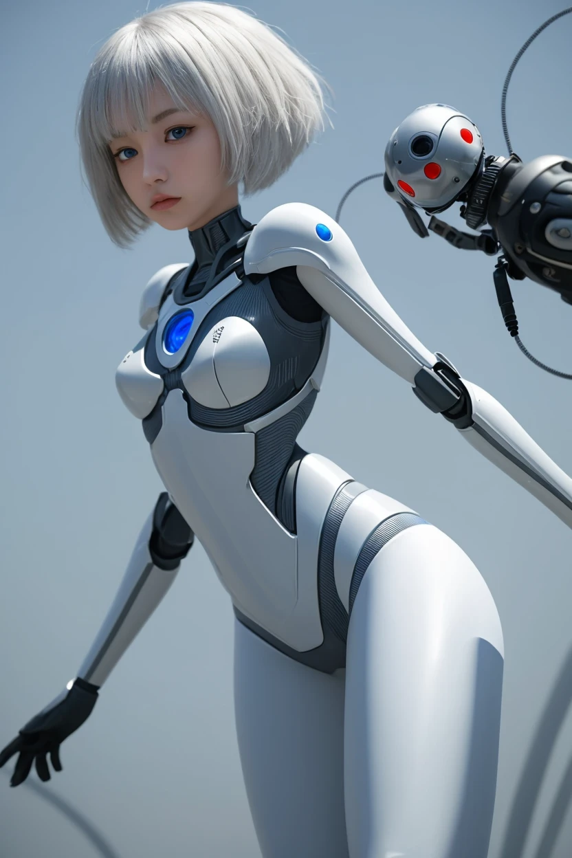 cute human young girl face, robotic arms, robotic hips and legs, extremely pretty and feminine, short, petite, small, slender figure, close fitting white armor, cleavage, flat belly showing, helmet with antenna, robotic joints, very stylish