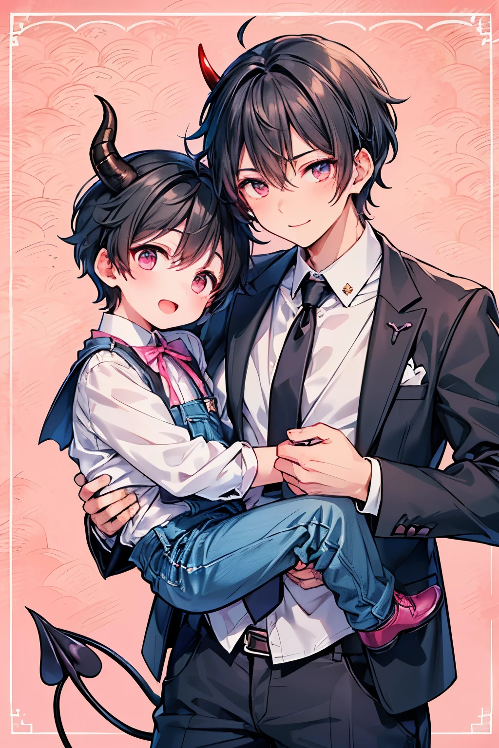 Hair, black hair, for men,((very short hair:1.0)), blue eyes , red eyes,((handsome Gay:1.25)),((demon:1.1)),(demon horn:1.0),((two boys:1.3)),((Gay couple:1.15)),((Adults and adults:1.1)),(Yaoi:1.0),((pink Souki crest pattern background:1.15)),(( has a big smile:1.1)),(open to mouth:1.2), sleeping hair,((dark skin body:1.1)),(Chinese denim pants:0.85),(Eerily Shining Eyes :1.2),