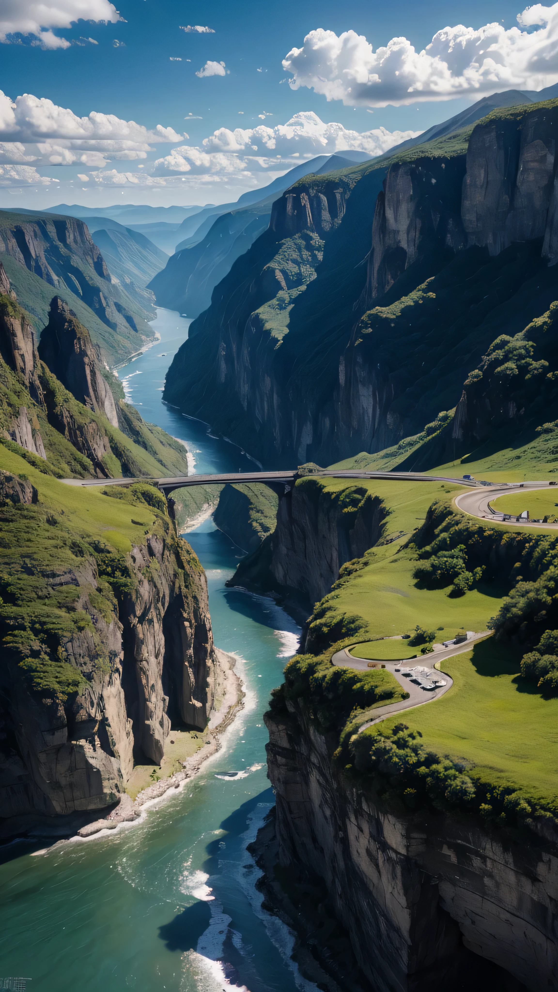 Masterpiece, 最 high quality , high quality , Detailed CG Unity 8K Wallpaper , landscape, Outdoors, null, cloud, null, not human, Mountain, landscape, water, tree, Blue river , cliff, nature, river , cloudy skies, Award-winning photo, depth of coverage , high resolution, bloom, Chromatic Aberration, photorealism , very detailed, Artstation Trend , CGSociety Trends , complicated terrain , high detail, dramatic, inspiring nature environment。