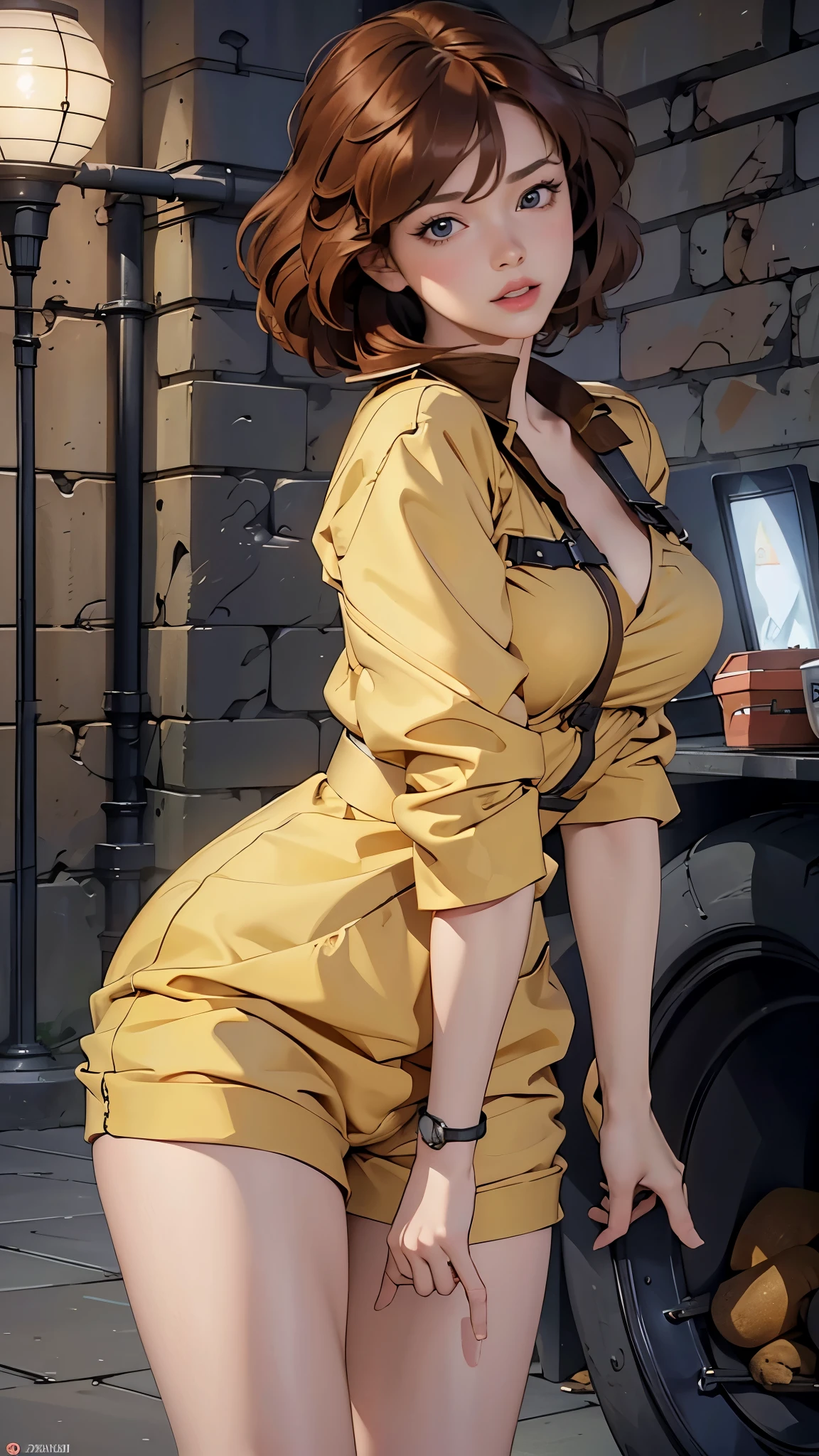 score_9,score_8_up,score_7_up,score_6_up,score_5_up,score_4_up,score_アニメ,solo, pretend,Folded ponytail,Black Hair,Brown eyes,Forehead protector,necklace,Mesh bodysuit,belt,Orange Skirt,coat, (Mature Woman),Mature Woman, (Small Head),Broad shoulders,Large Breasts,(Big hips),Thick thighs,(Long body:1.4), Venus Body,Staring at the audience,Put your hands in your pockets,From the side,