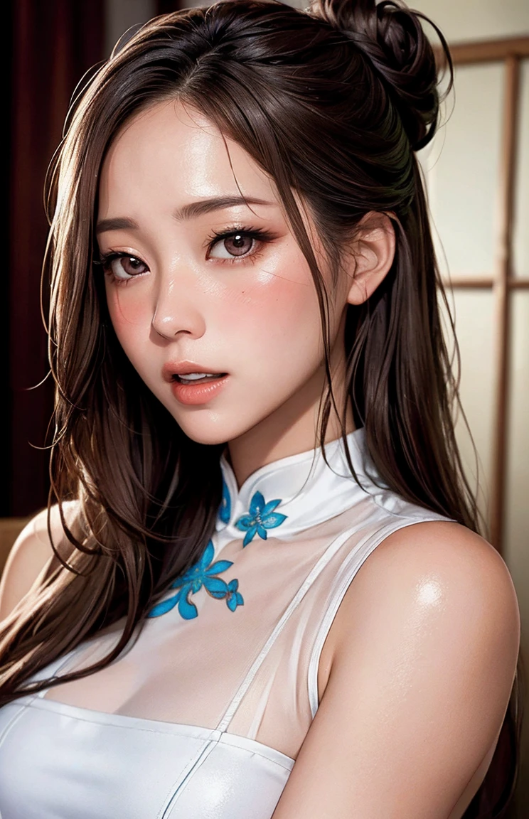 He has long dark hair and combs his hair. The slightly wider forehead is smooth and flat, dark blue eyes, the corners of the eyes are slender and delicate, the almond eyes reveal a little coldness, the bridge of the nose is high, the nose is small, the lips are soft, and a pair of snake-shaped gold earrings are worn under the ears, wearing a pink cheongsam, black eyes, big breasts, high definition, Yamato's beautiful portrait of Yamato, fan art, the character is her natural pose, the woman's whole body art, bursting breasts, big breasts, wearing very little