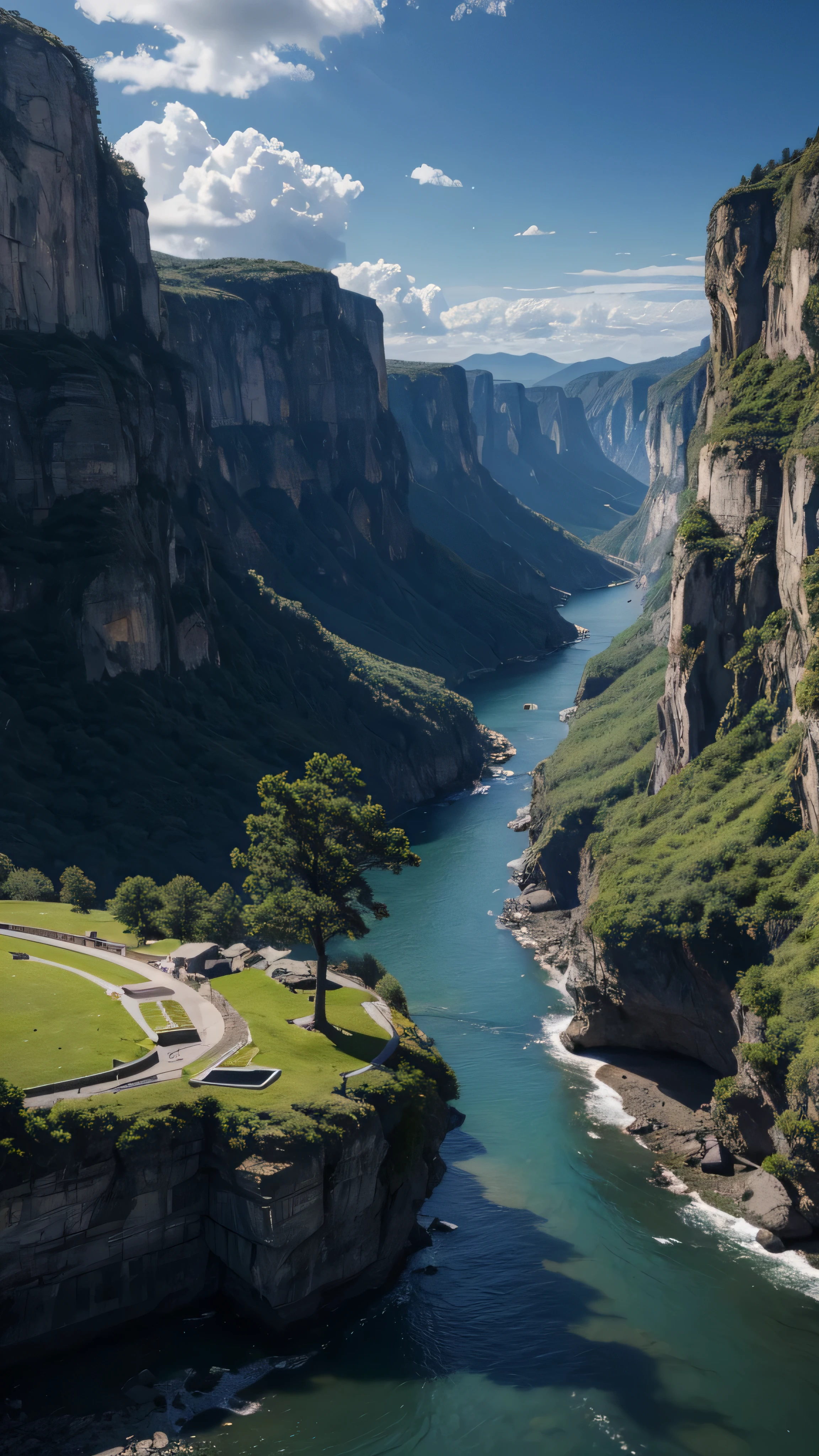 Masterpiece, 最 high quality , high quality , Detailed CG Unity 8K Wallpaper , landscape, Outdoors, null, cloud, null, not human, Mountain, landscape, water, tree, Blue river , cliff, nature, river , cloudy skies, Award-winning photo, depth of coverage , high resolution, bloom, Chromatic Aberration, photorealism , very detailed, Artstation Trend , CGSociety Trends , complicated terrain , high detail, dramatic, inspiring nature environment。