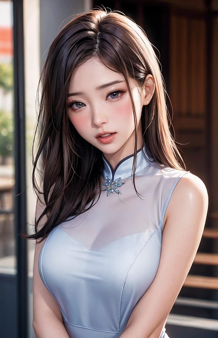 masterpiece, 1 beautiful girl, detailed, swollen eyes, Top quality, 超high resolution, (Reality: 1.4), original photo, 1 Girl, light, Smile, Japanese, Asian Beauty, Korean, Clean, Super beautiful, Young little face, Beautiful skin, slim, Cyberpunk Background, (超Reality), (high resolution), (8K), (Very detailed), (Best Illustration Award), (Beautifully detailed eyes), (Very detailed), (wallpaper), (Delicate face), Viewers Watching, Fine details, Delicate face, Purebred face_v1, Smile, 46 points side bangs, Look straight ahead, Neat clothes, Dark eyes, Sleeveless clothes, Body facing forward,