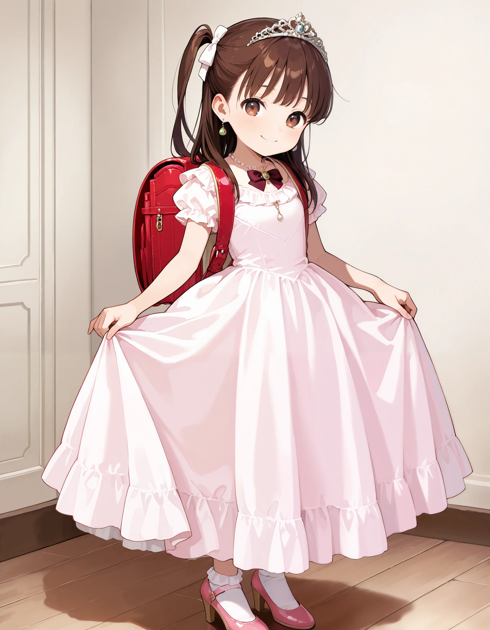 Hd, (girl:1.2) (slender body) (thin body), smile, happy, masterpiece, best quality, highres,2d, anime, 1girl, long hair, one side up, solo, ponytail, brown hair, long hair, hair ribbon, brown eyes, cowboy shot,princess dress, princess Costume, victorian dress, colorful princess dress, wearing Tiara, luxury dress,bowtie, smile, frilled dress, tiara, necklace, earrings, luxury jewelry, wearing randoseru backpack, red backpack, flat breasts, happy and confident expression. full body, (ch1ldren playing), short girl, cute girl, (loli:1), (ch1ldren:1.2), long straight hair, thin legs, flat chest, flat breasts. (happy, smile, cheerful), Standing, frilly dress, white socks, pink shoes, high heels, bowtie, standing, indoor, castle
