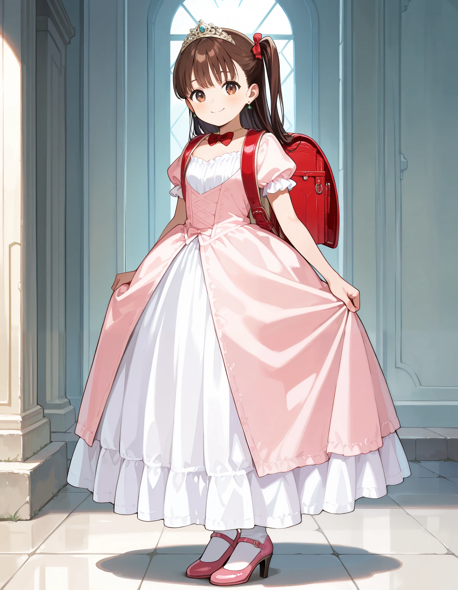 Hd, (girl:1.2) (slender body) (thin body), smile, happy, masterpiece, best quality, highres,2d, anime, 1girl, long hair, one side up, solo, ponytail, brown hair, long hair, hair ribbon, brown eyes, cowboy shot,princess dress, princess Costume, victorian dress, colorful princess dress, wearing Tiara, luxury dress,bowtie, smile, frilled dress, tiara, necklace, earrings, luxury jewelry, wearing randoseru backpack, red backpack, flat breasts, happy and confident expression. full body, (ch1ldren playing), short girl, cute girl, (loli:1), (ch1ldren:1.2), long straight hair, thin legs, flat chest, flat breasts. (happy, smile, cheerful), Standing, frilly dress, white socks, pink shoes, high heels, bowtie, standing, indoor, castle
