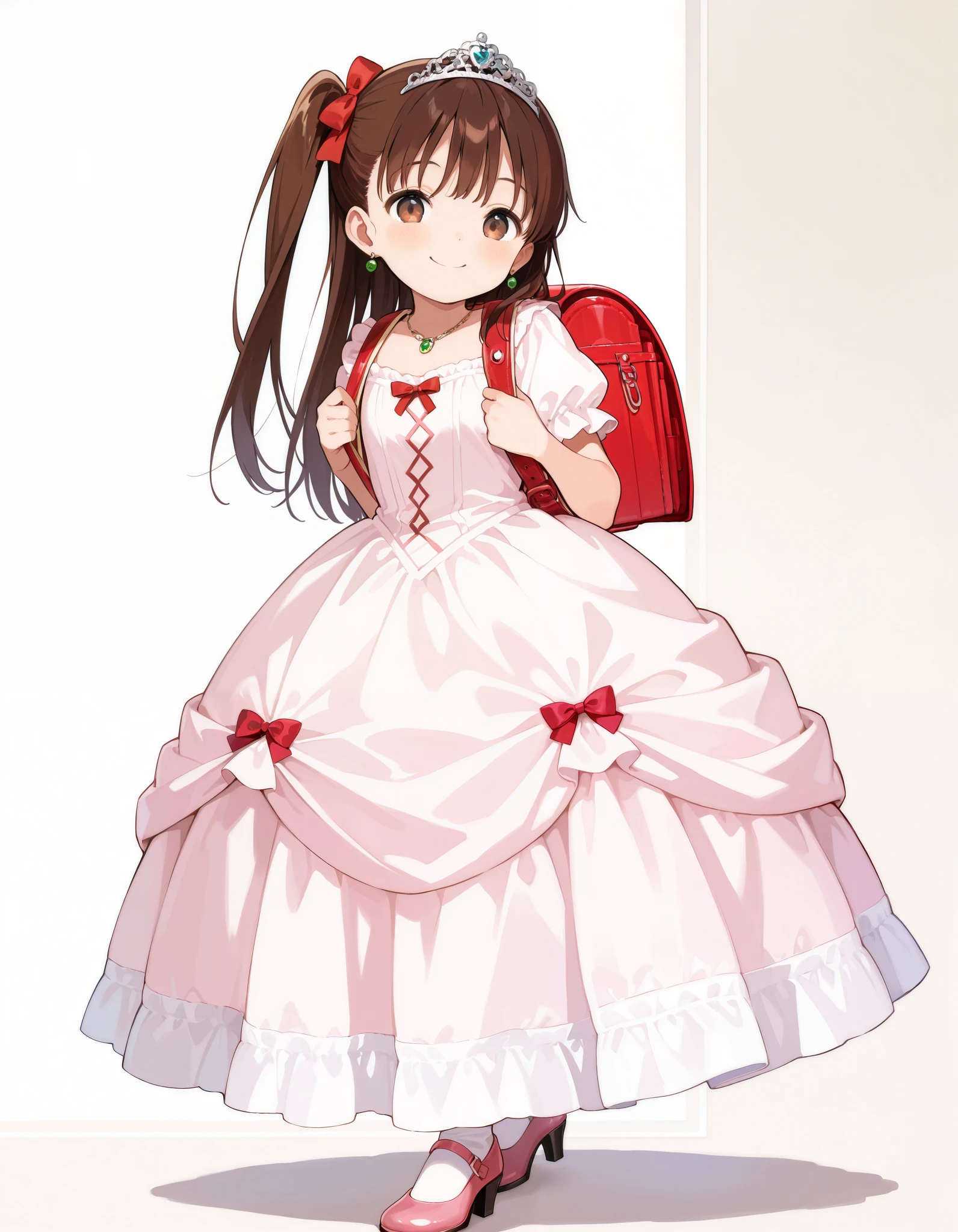 Hd, (girl:1.2) (slender body) (thin body), smile, happy, masterpiece, best quality, highres,2d, anime, 1girl, long hair, one side up, solo, ponytail, brown hair, long hair, hair ribbon, brown eyes, cowboy shot,princess dress, princess Costume, victorian dress, colorful princess dress, wearing Tiara, luxury dress,bowtie, smile, frilled dress, tiara, necklace, earrings, luxury jewelry, wearing randoseru backpack, red backpack, flat breasts, happy and confident expression. full body, (ch1ldren playing), short girl, cute girl, (loli:1), (ch1ldren:1.2), long straight hair, thin legs, flat chest, flat breasts. (happy, smile, cheerful), Standing, frilly dress, white socks, pink shoes, high heels, bowtie, standing, indoor, castle