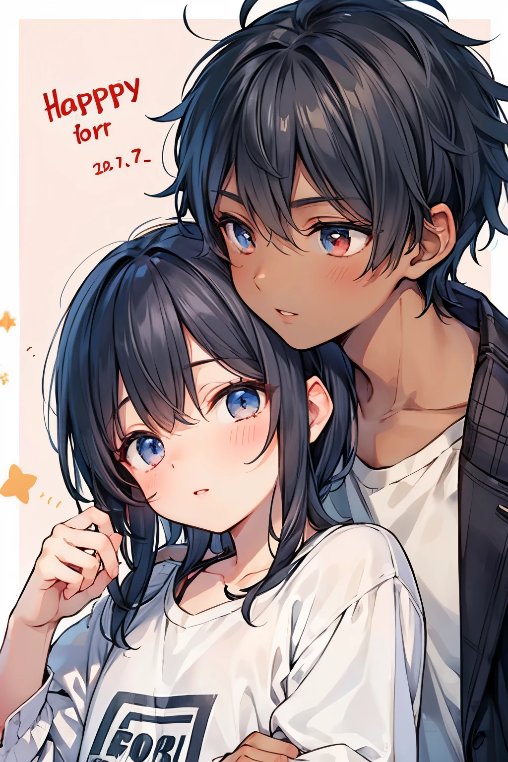 Hair, black hair, for men, medium hair , blue eyes , red eyes,Beautiful Boy, skinny,lips,2 boys, , Yaoi, Checkered background, happy expression ,おはよう☀️, sleeping hair,((dark skin body:1.15)),