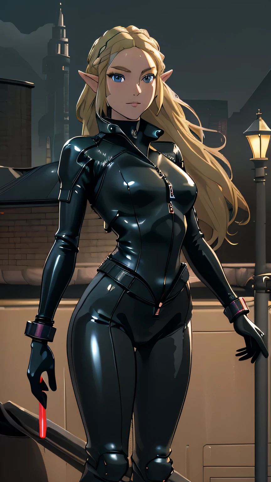 Blonde,ponytail,Black tight suit,blue eyes,Large Breasts,Slender,Serious face,blush,rain,forest,night,Pichi Pichi,clearly,