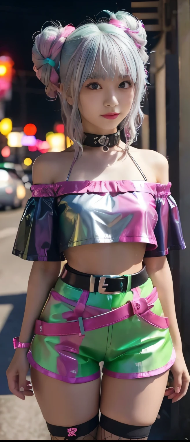 Fancy Idol Girl (colorful silver hair)、A pure girl's face、 hypo、 Fluorescent Green Off Shoulder Shirt、Pink Latex Tight Shorts、Paint Belt 、 fishnet、Glowing Punk Town