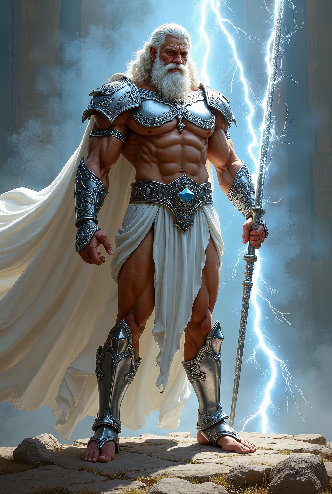 Painted portrait of Rough Zeus, Thor, Greek God, On Mount Olympus, gray hair, full body, mature, handsome, fantastical, intricate, elegant, very detailed, digital painting, artstation, concept art, smooth, clear focus, illustration, artwork by Gaston Bussiere and Alphonse Muya --auto --s2