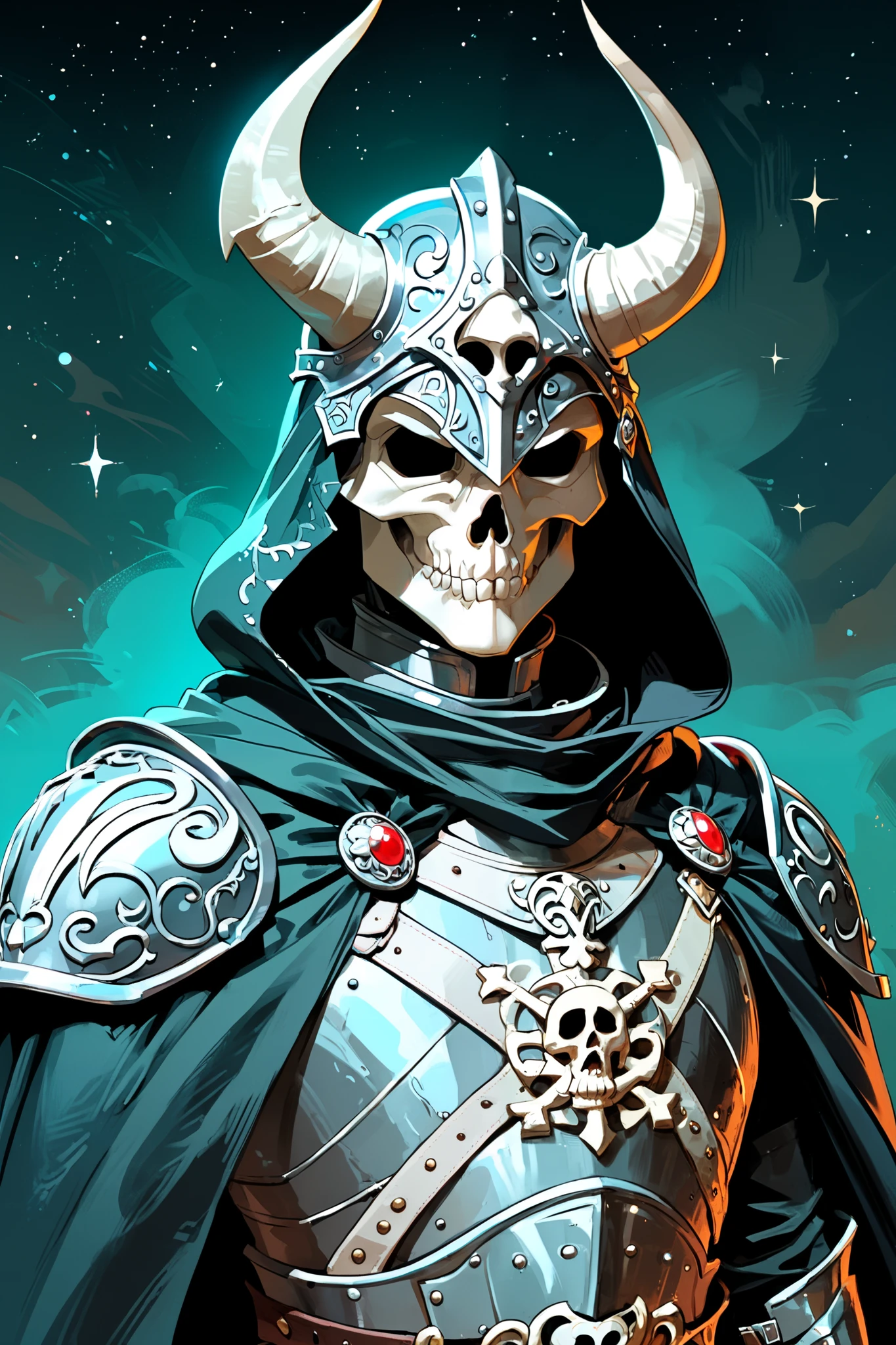 card waiting for the game, game card with an image, Grimaldo Knight "The Dark Legionary "
armor: Black, Matte, a frightening look . armor слегка поцарапаны, to a stylized skull or raven .
cloak: Dark gray, almost black , Hooded , who hides his face . On the shoulder there is a small flag with a legion symbol {x} On the edges of the cloak are embroidered silver patterns in the form of stars.
helmet: closed, with a narrow eye slot . The helmet has horns or spikes , , giving .
details: which emphasizes his combat experience . eyes, glowing from under the helmet , add mysticism. On the waist there is a long sword with a dark handle .