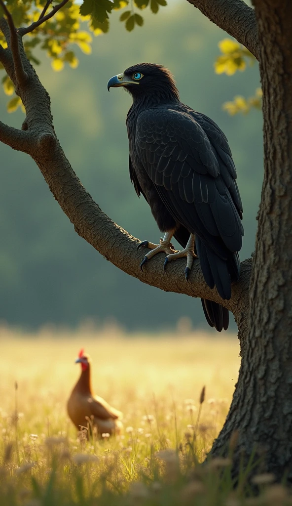 Scene 1: A black eagle with striking blue eyes perches high on a tree branch. It carefully watches its prey, a yellow chicken, in the distance, sitting in the middle of a field. The eagle's sharp eyes are focused, while the tree’s texture and surroundings are detailed with realistic depth of field, showcasing the vastness of the field. The atmosphere is still, with the eagle in a predatory stance, observing its surroundings.
