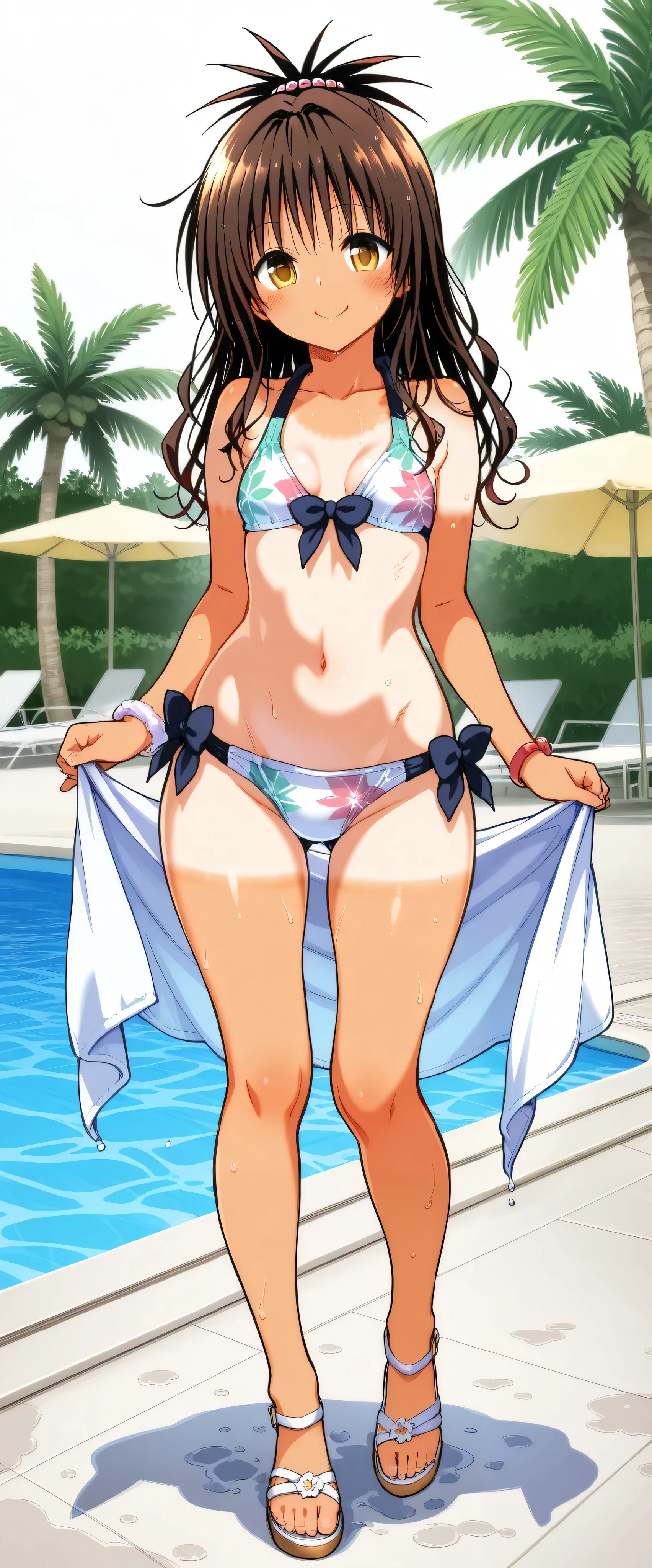 (Masterpiece), top quality, , Perfect face, 1 girl,dawn,, small breasts, wide hips, thin waist, (), Multi Colored Bikinis , sexy bikini , With ribbon,Patterned Swimsuit , salon, Heeled Sandals, good_feet, blanking,smile,Swimsuit model, standing, feetを開いて, wet, wet body, was excited,I'm posing for the camera, beach resort , pool party , poolside, coming out of the pool , palm trees, cowboy shooting, sunburn marks,Yuuki Mikan